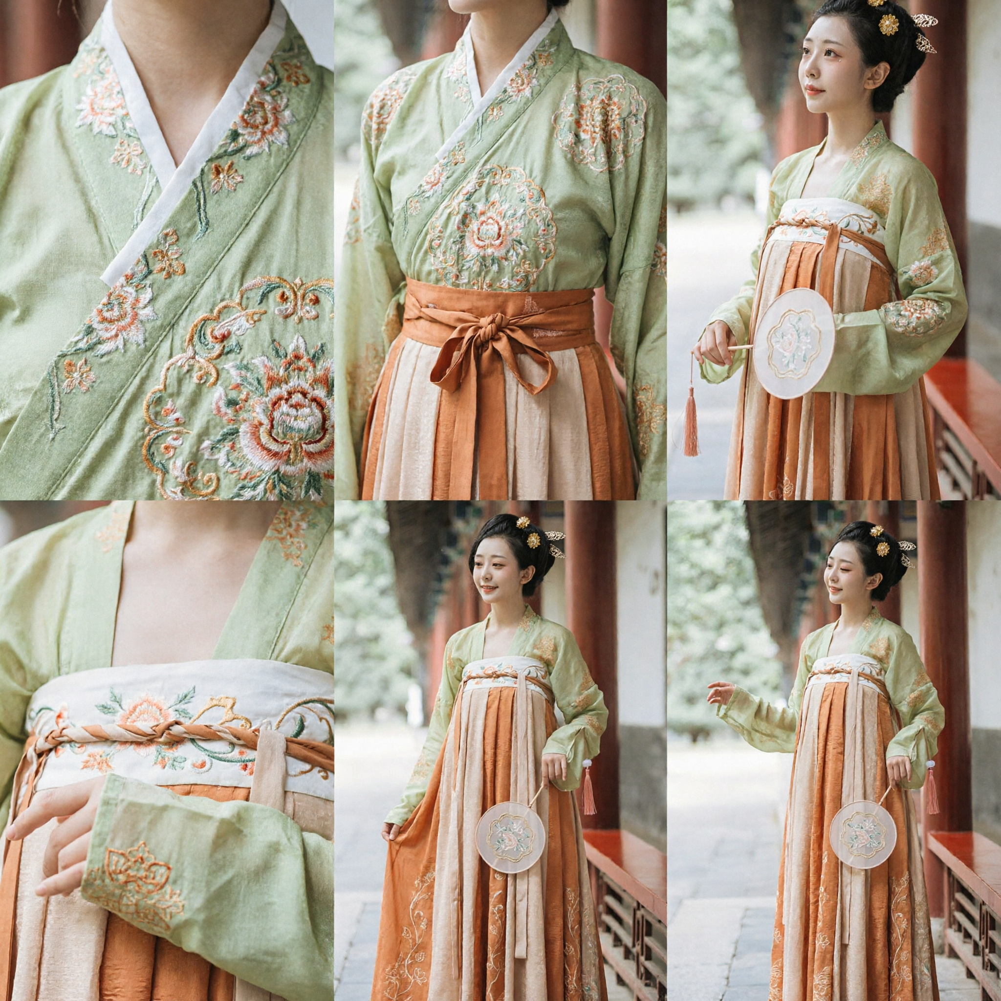 Traditional Chinese Tang Dynasty Hanfu Costume Women Ancient Green Embroidered Top and Orange Skirt Complete Set