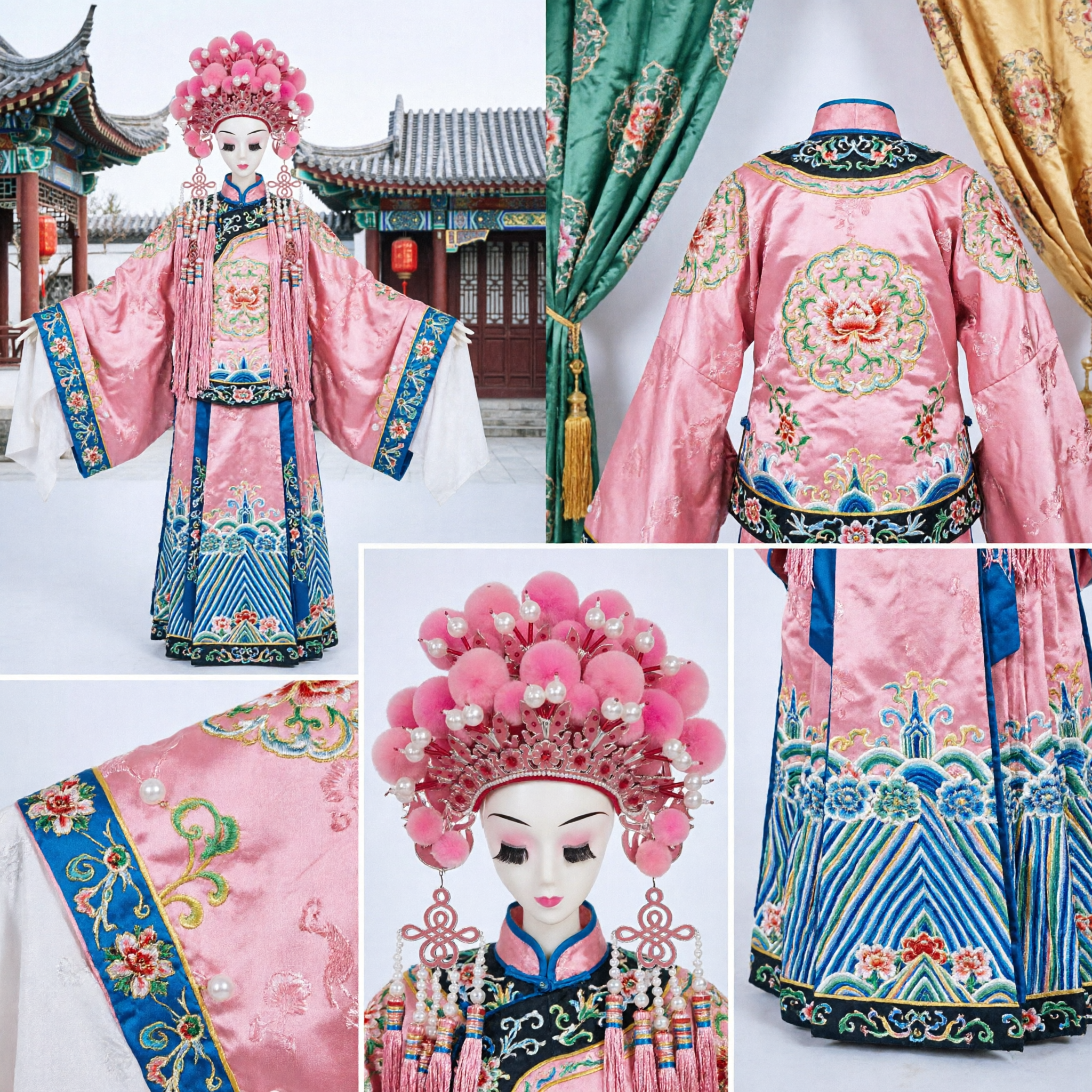 Traditional Chinese Peking Opera Headdress Pink Pom Pom Phoenix Crown Hairpin for Hua Dan Costume Performance