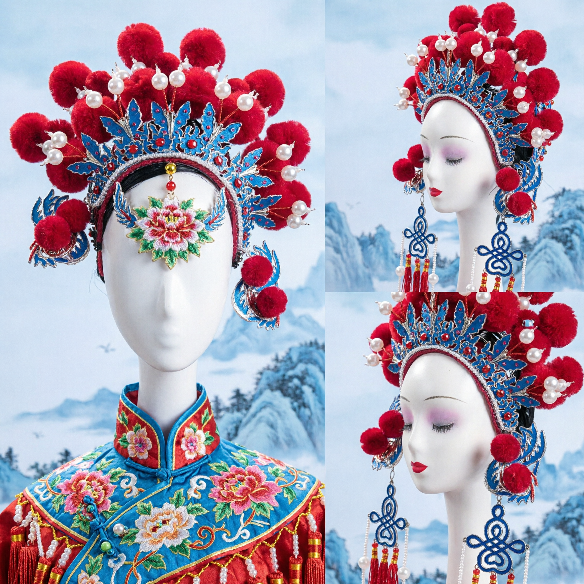 Traditional Chinese Peking Opera Headdress Red Velvet Pom Pom Phoenix Crown with Long Tassels for Stage Performance