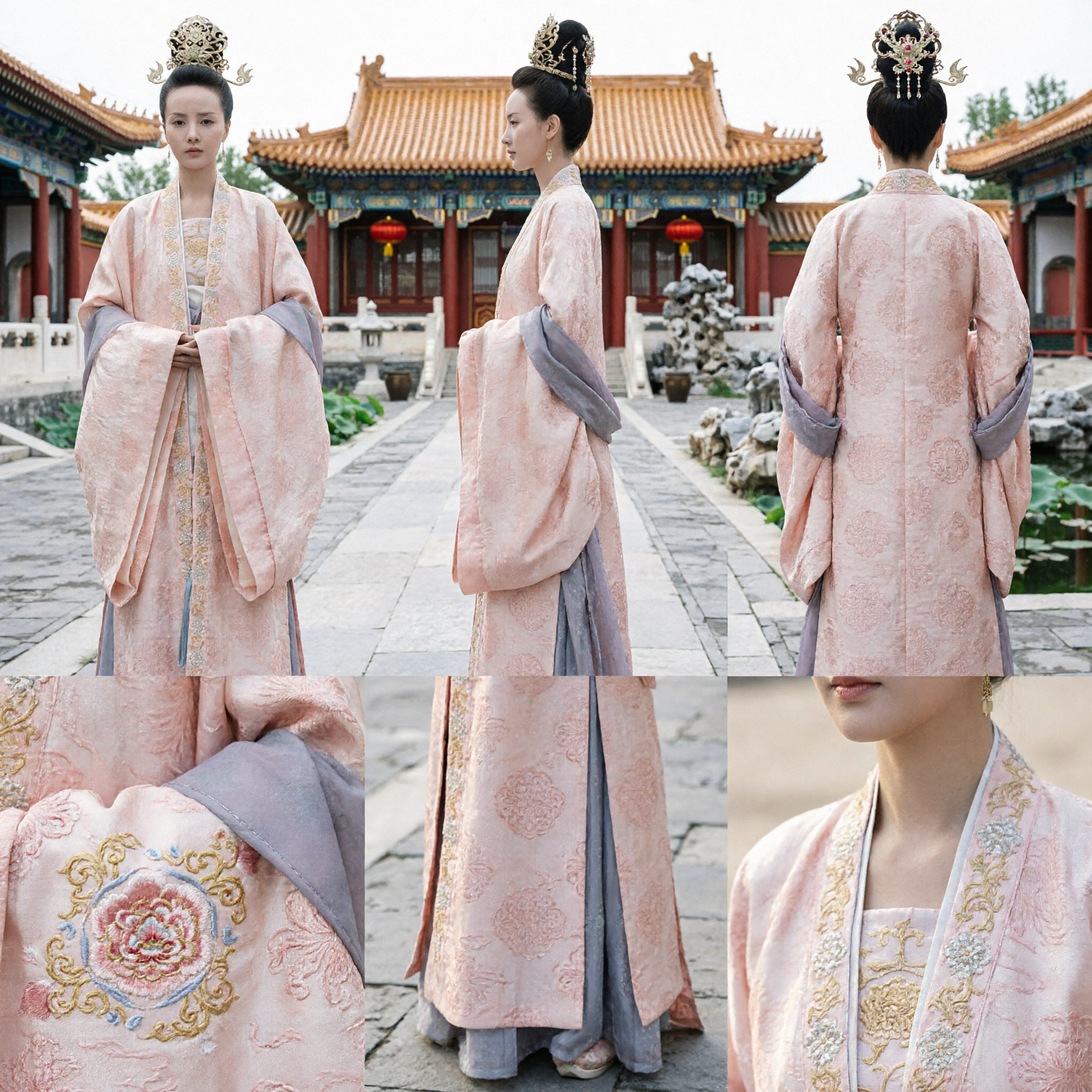 Ancient Chinese Pink Hanfu Robe with Gold Embroidery Historical Drama Princess Costume for Women