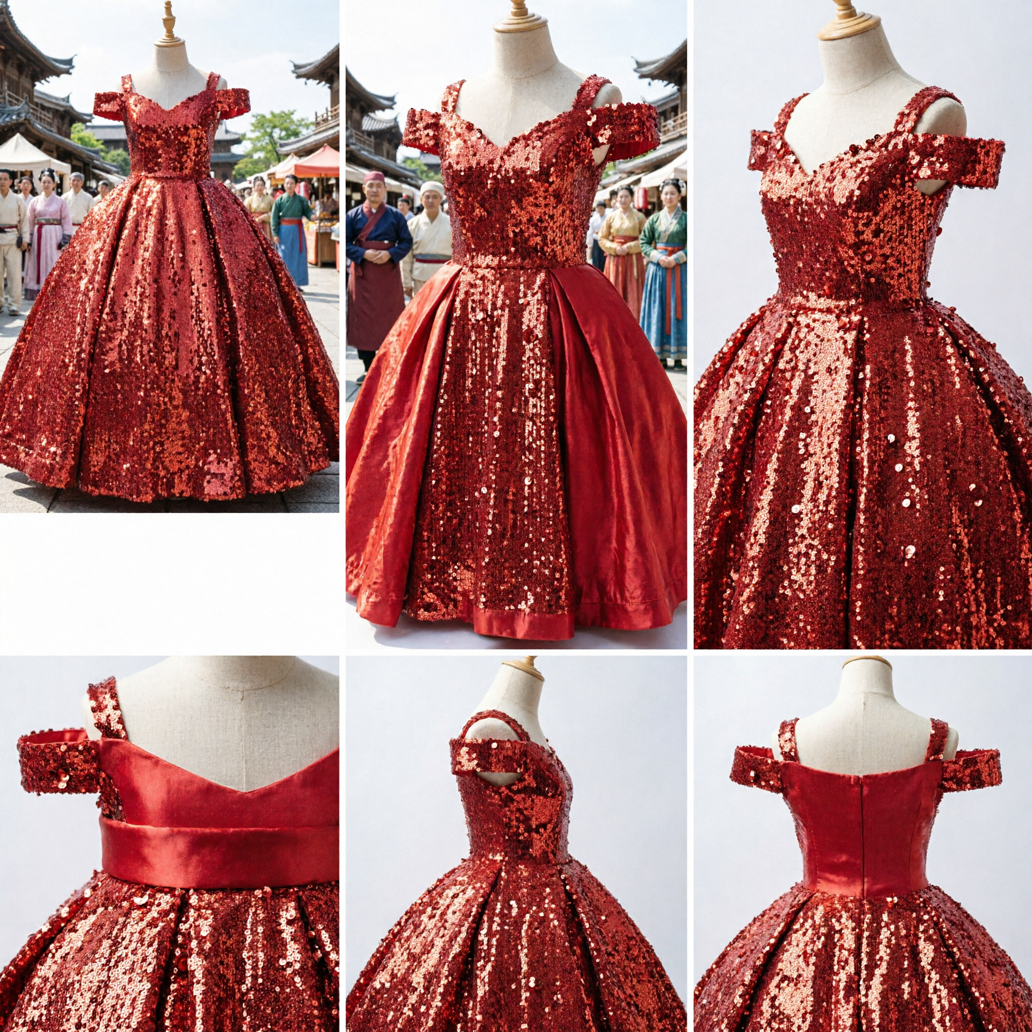 Girls Red Sequin Ball Gown Dress Off-Shoulder Formal Wear for Wedding Flower Girl Party
