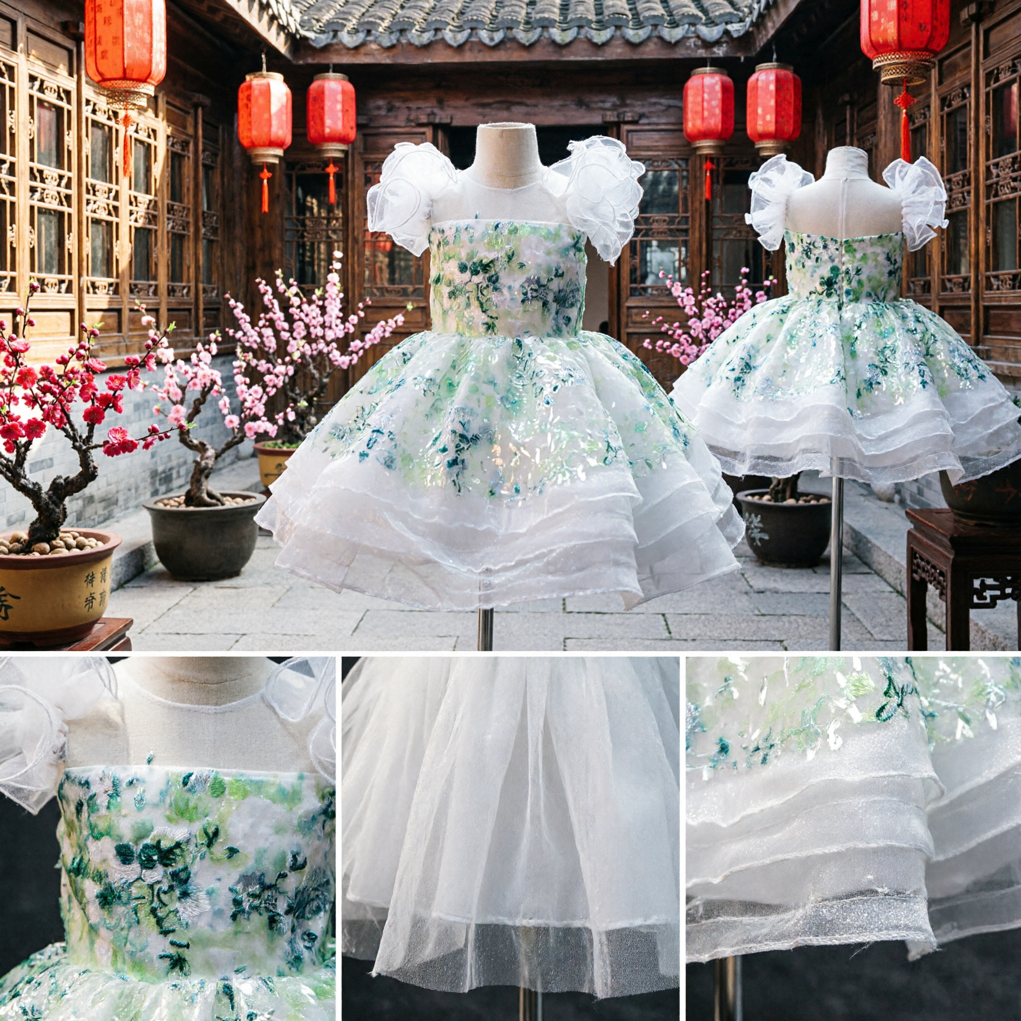 White and Green Floral Sequin Flower Girl Ballgown Dress with Ruffled Sleeves for Wedding Pageant