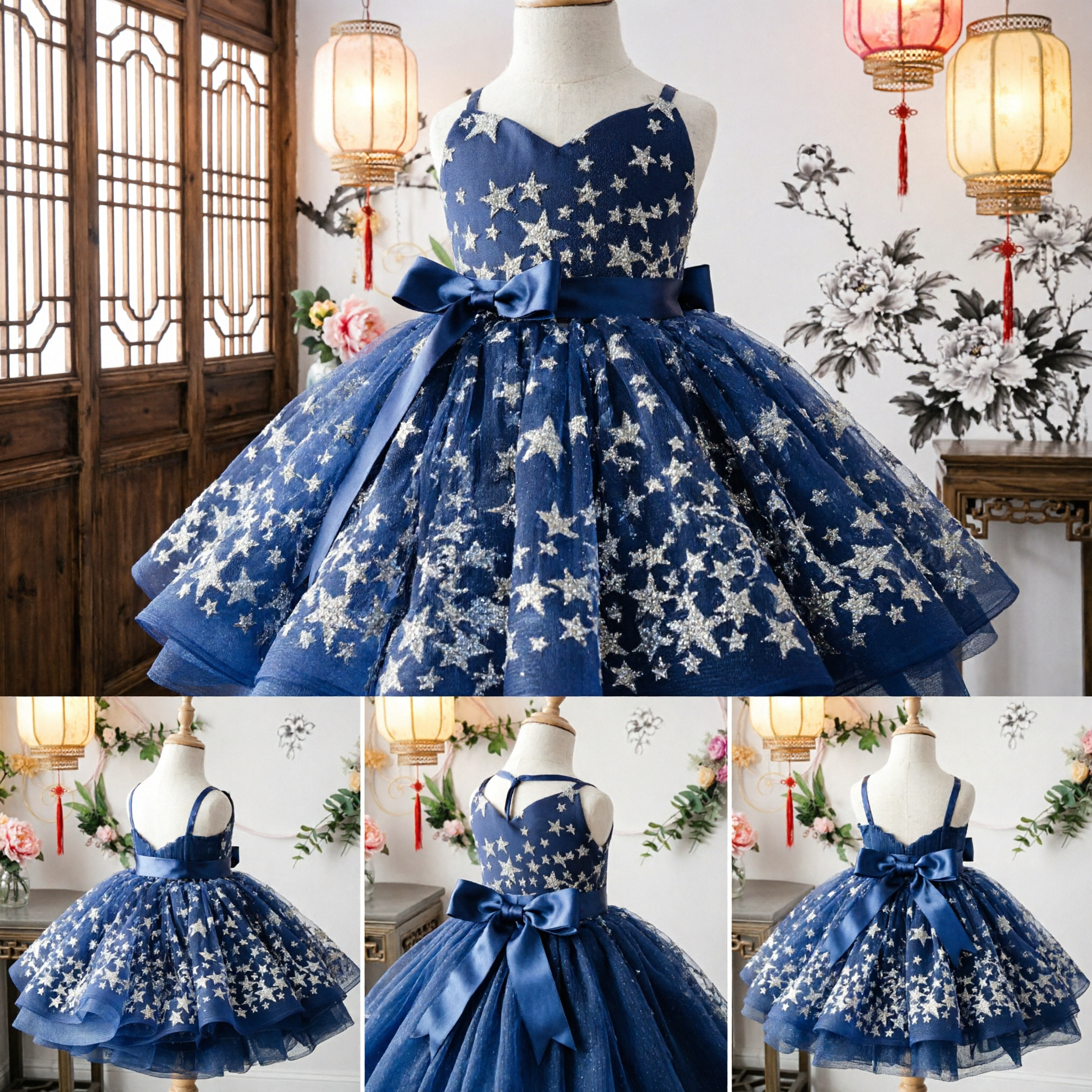 Girls Navy Blue Silver Star Tutu Dress Princess Birthday Party Pageant Ballgown