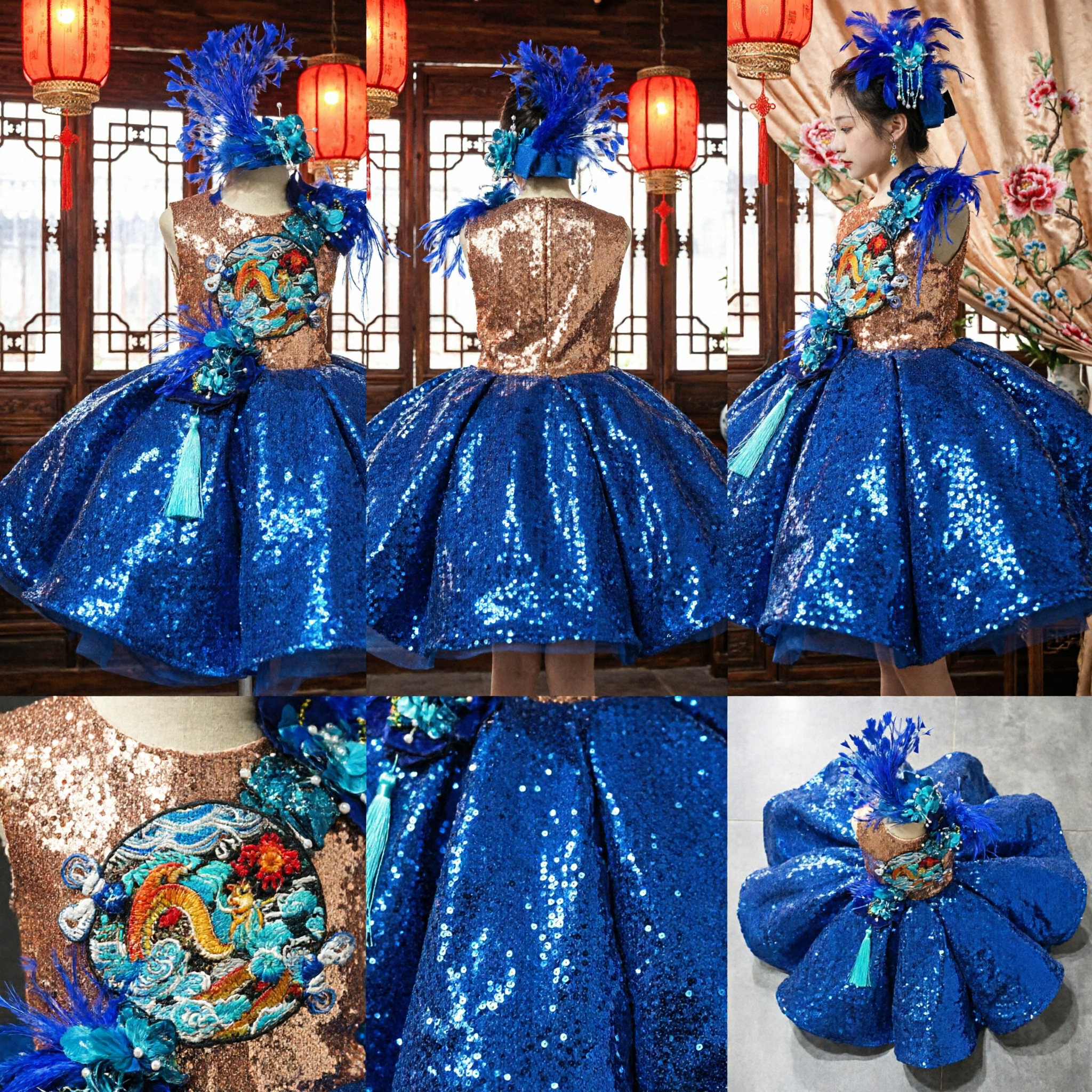 Kids Blue Sequin Chinese Dragon Dance Costume with Feather Headpiece for Girls Stage Performance
