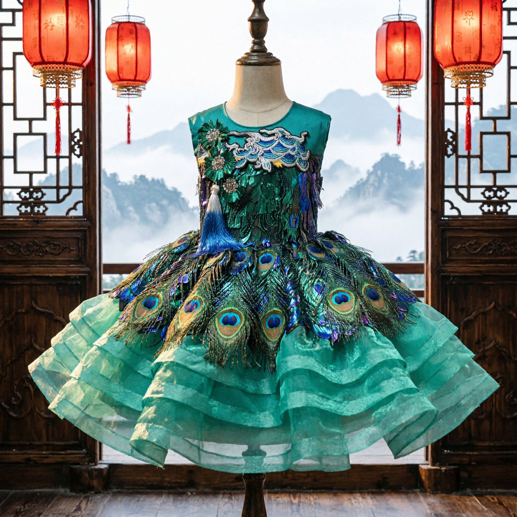 Girls Teal Peacock Dance Costume Sequined Tutu Dress for Traditional Chinese Stage Performance