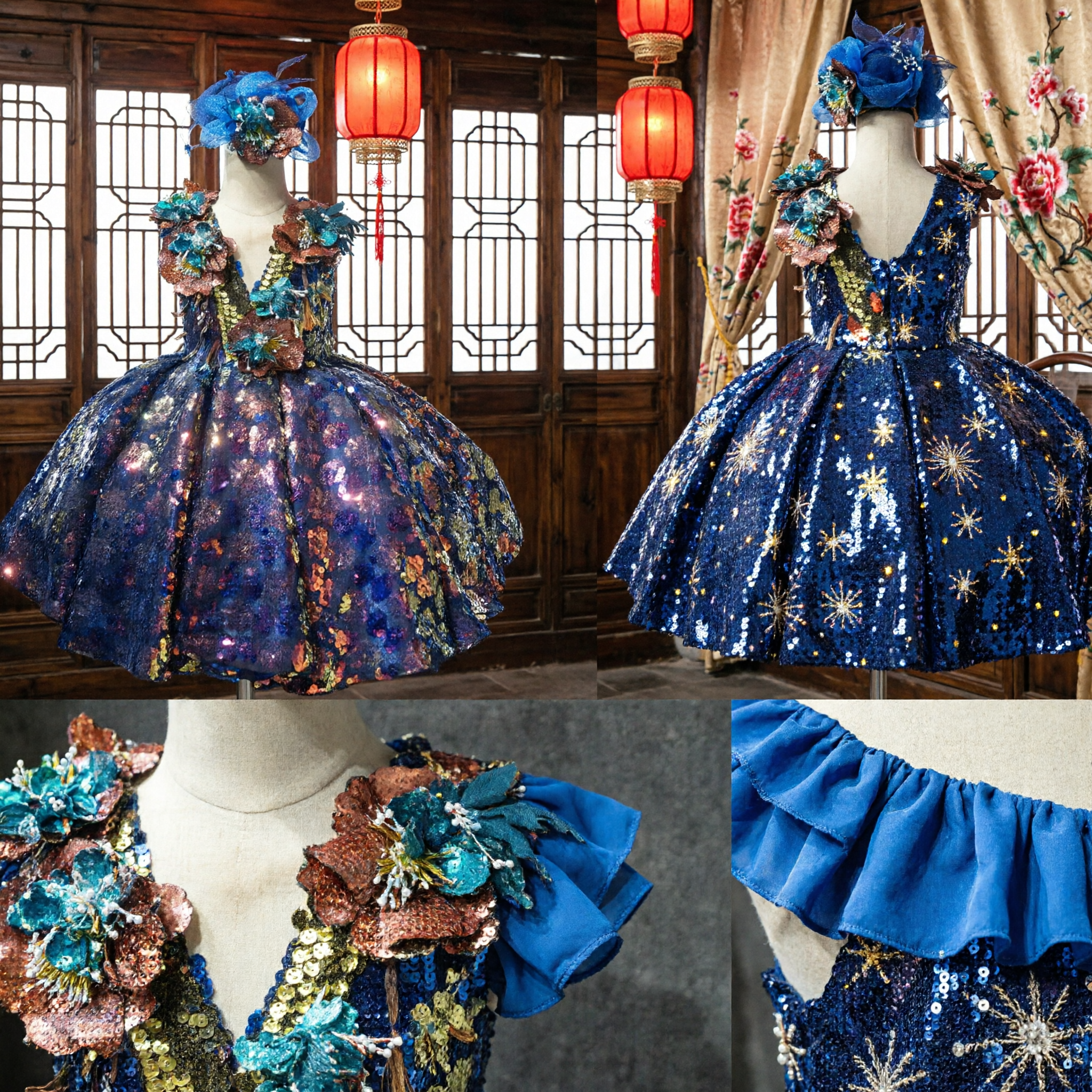 Blue Sequin Floral Stage Performance Dress with Headpiece for Women Latin Dance Competition Show