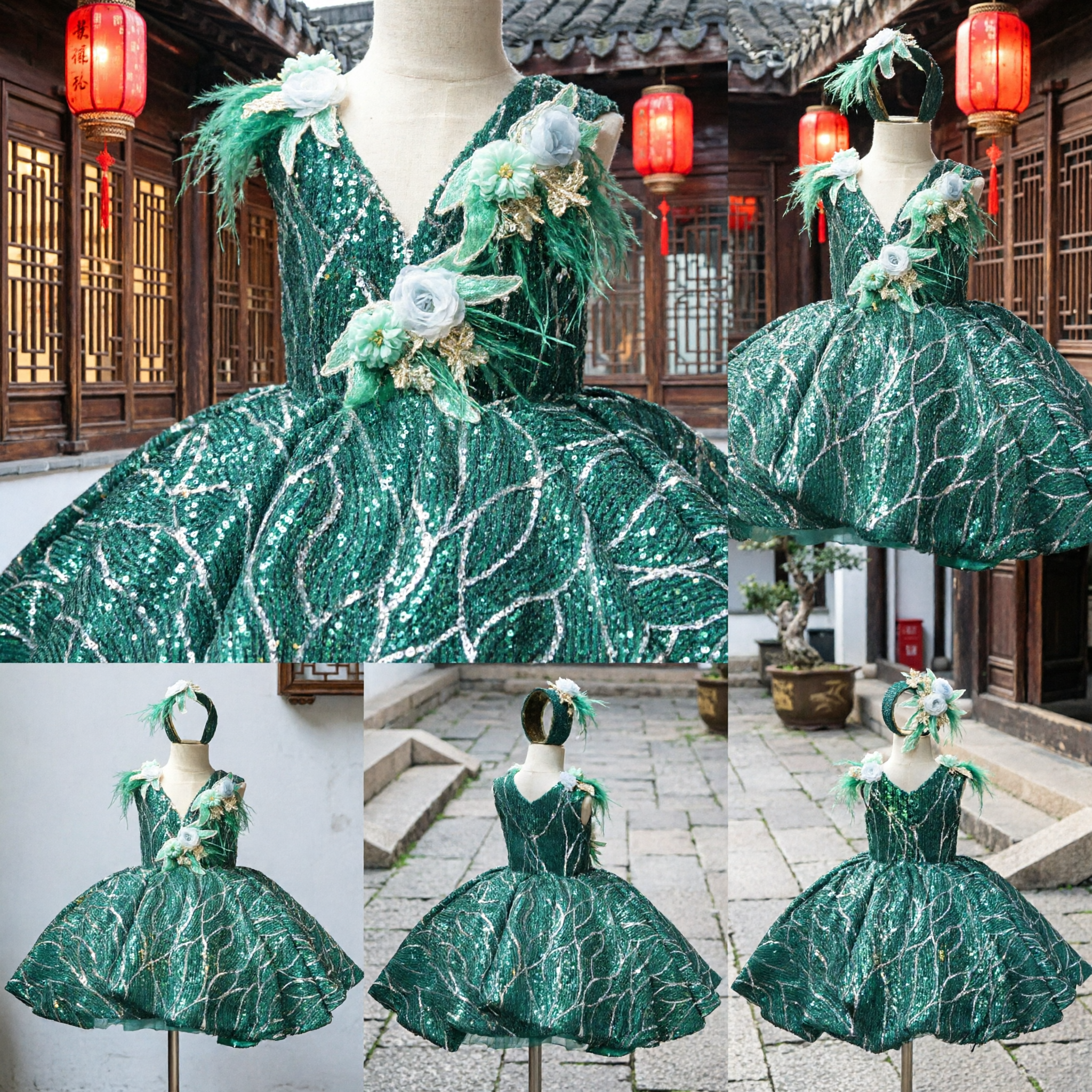 Girls Green Sequin Latin Dance Dress Kids Ballroom Performance Costume with Floral Headpiece and Appliques