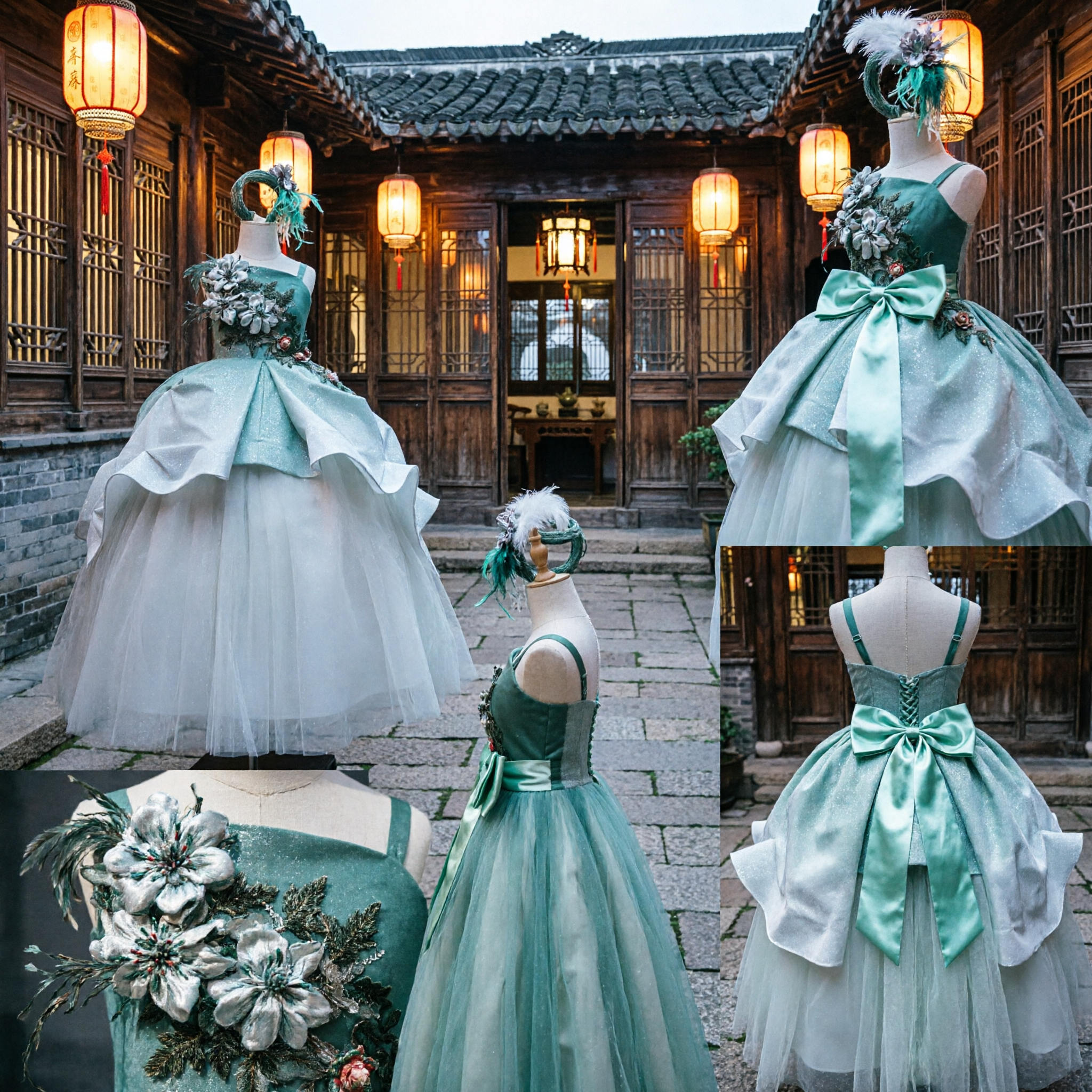 Teal and Silver Floral Ballgown with Feather Headpiece for Flower Girls, Pageants, and Formal Events
