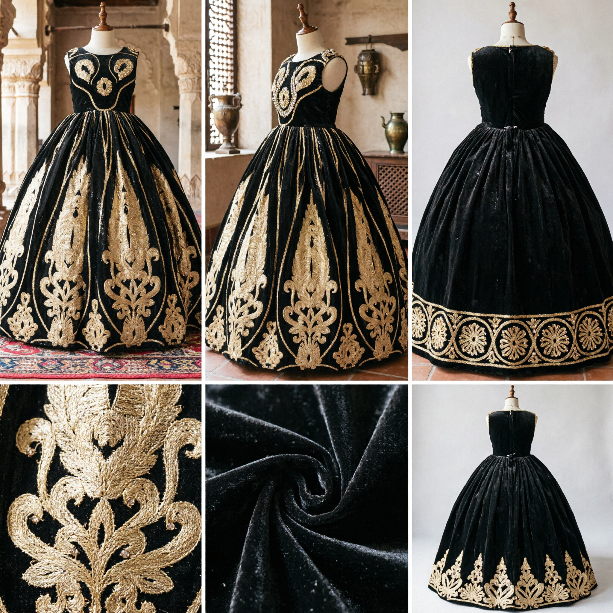 Luxury Black Gold Embroidery Ball Gown Kids Princess Dress Stage Performance Formal Party Costume