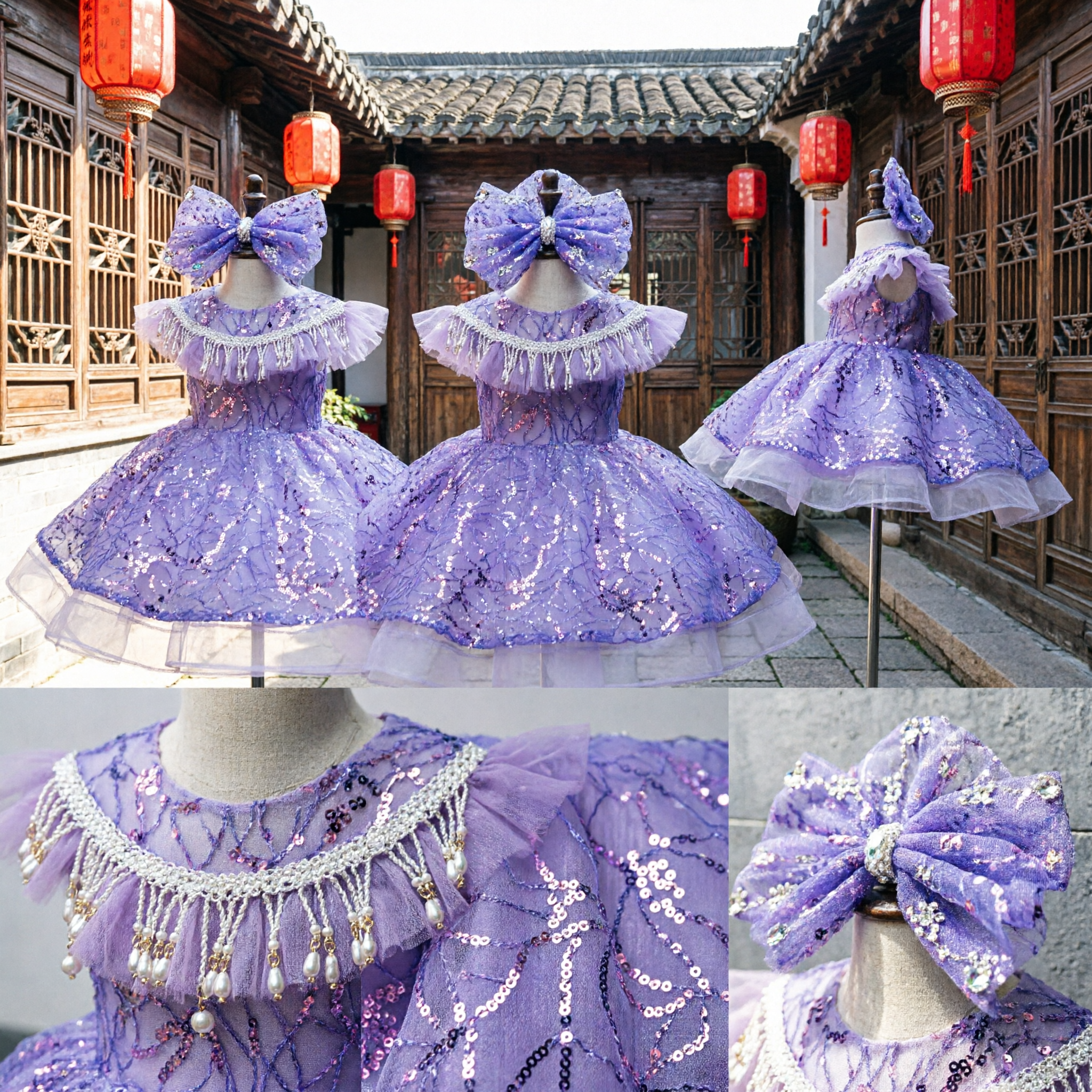 Girls Purple Sparkly Ballet Tutu Costume with Fringe Neckline and Matching Headpiece for Dance Performances