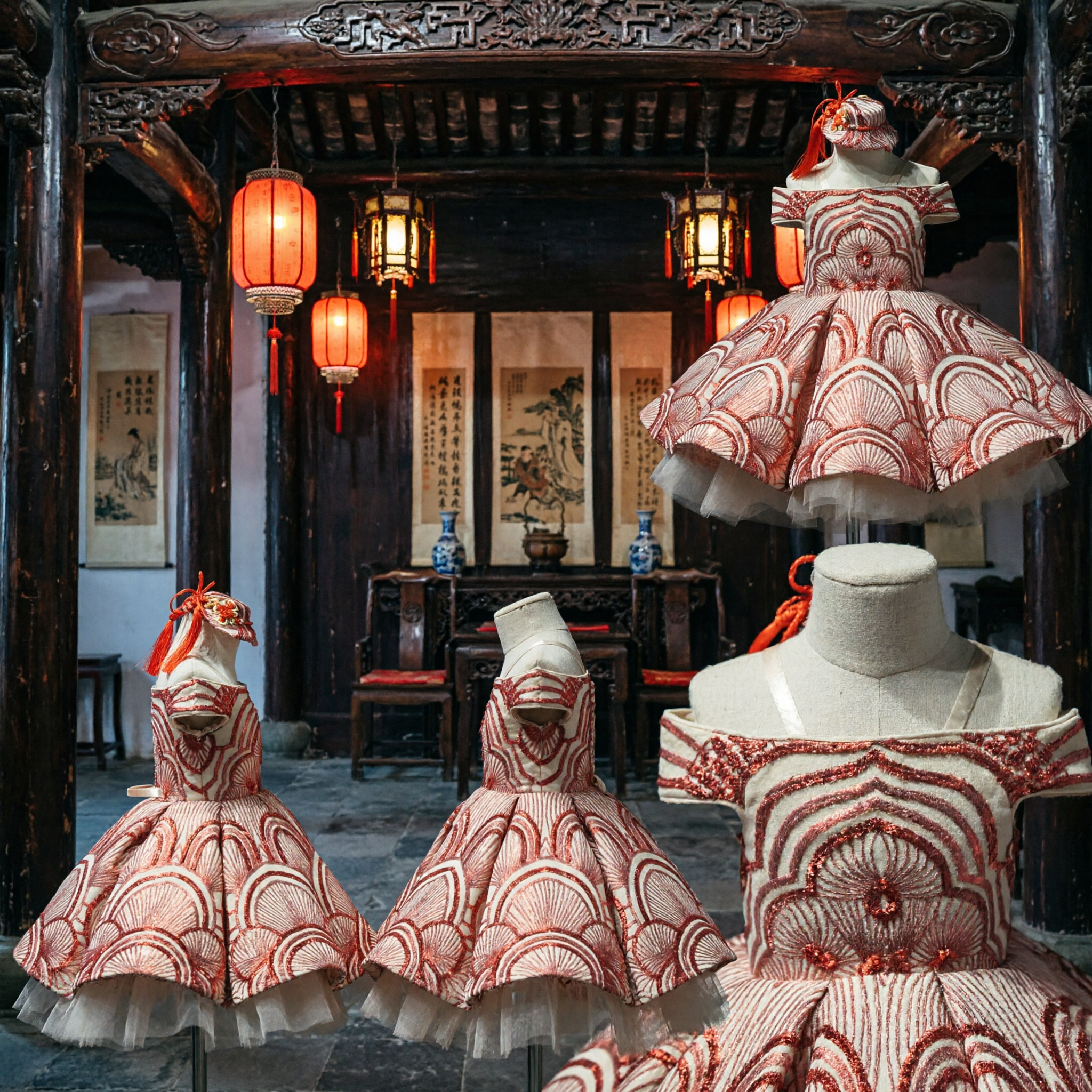 Traditional Chinese Style Children's Ballgown Red and White Fan Pattern Off-Shoulder Dress with Matching Headpiece for Weddings