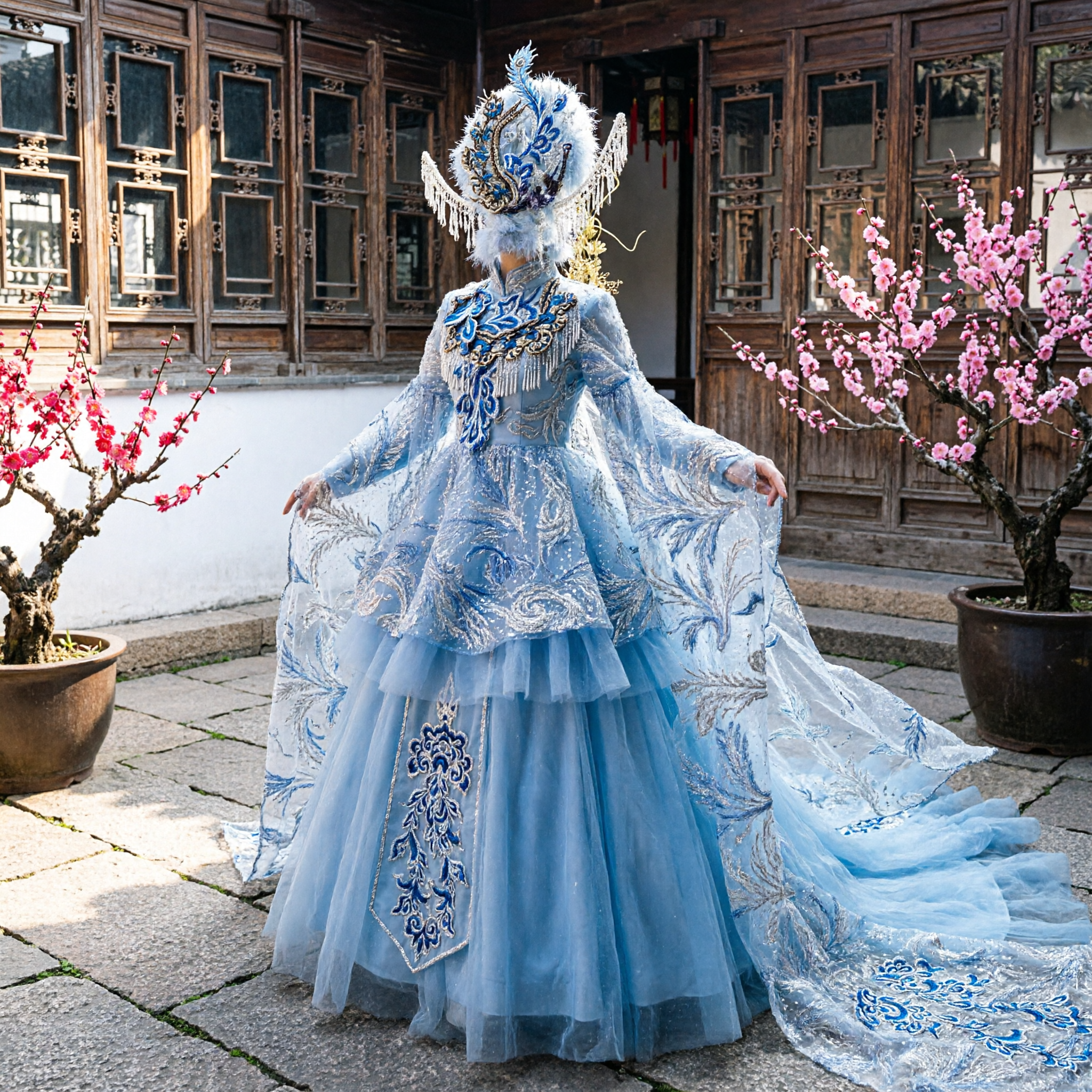 Traditional Chinese Blue Opera Goddess Costume with Sequin Embroidery, Long Train, and Headdress for Stage Performance