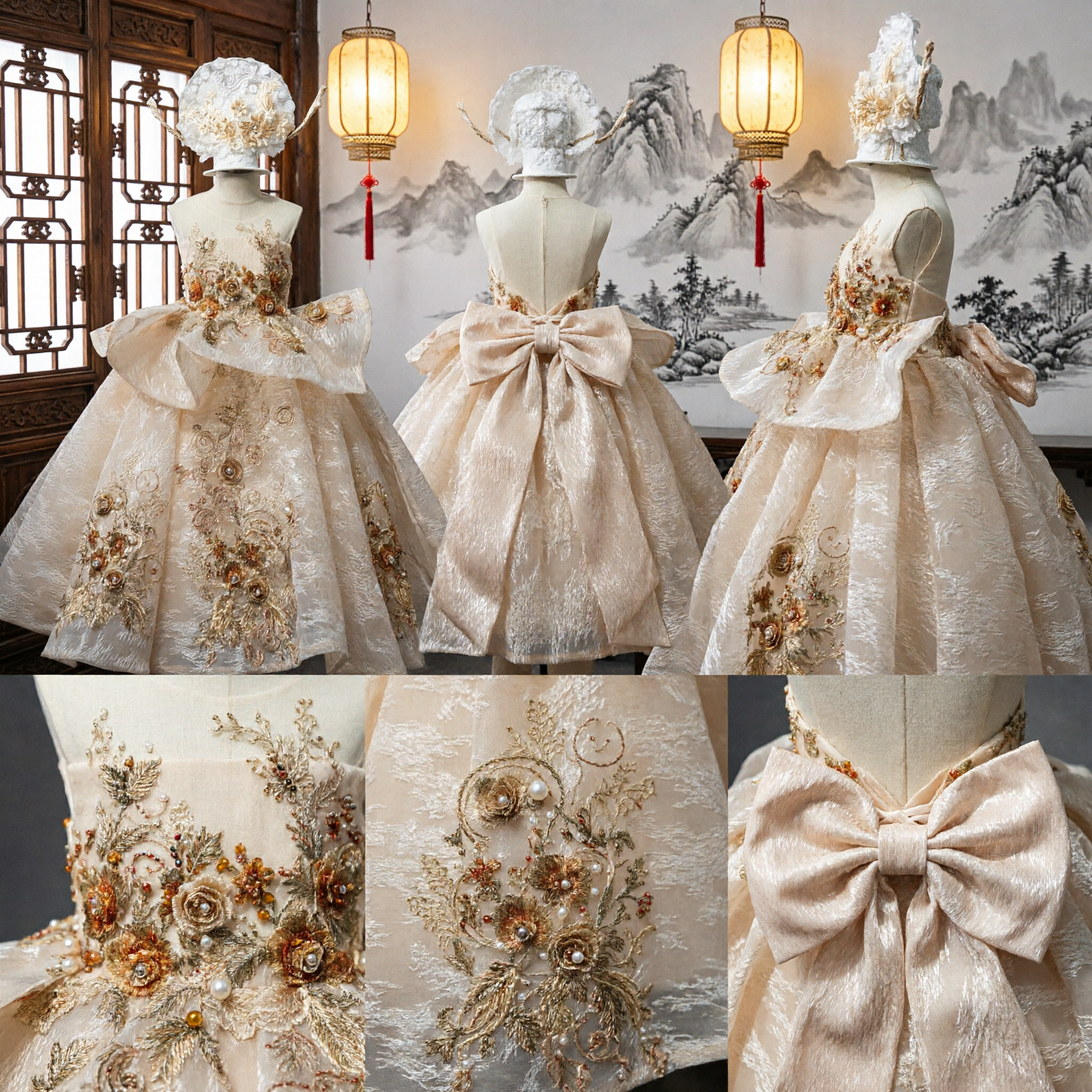 Elegant Kids Girls Champagne Flower Girl Dress with Big Bow Traditional Chinese Embroidery Wedding Gown