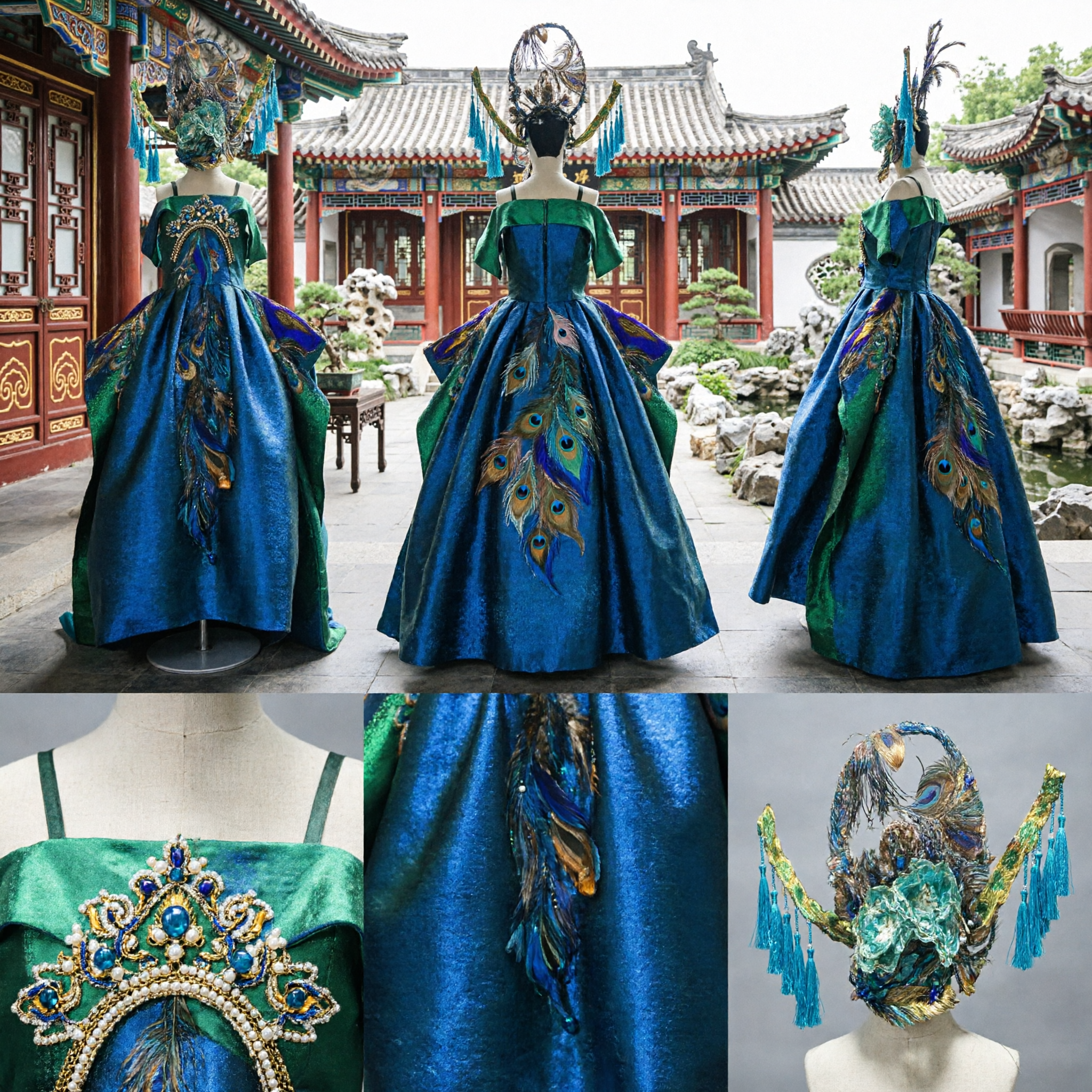 Exquisite Green Peacock Folk Dance Costume with Headpiece for Girls Traditional Chinese Stage Performance Dress