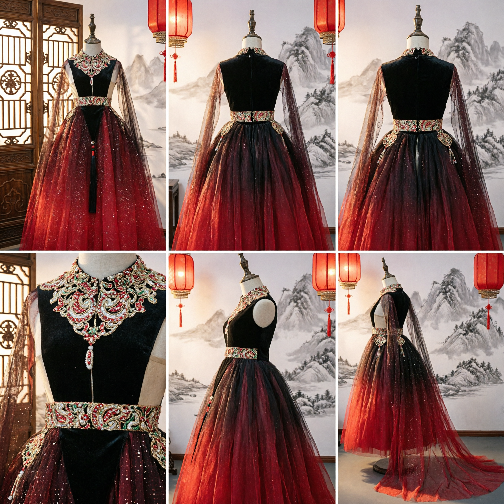 Exquisite Red Gradient Chinese Style Evening Gown with Embroidered Cape for Formal Banquets and Stage