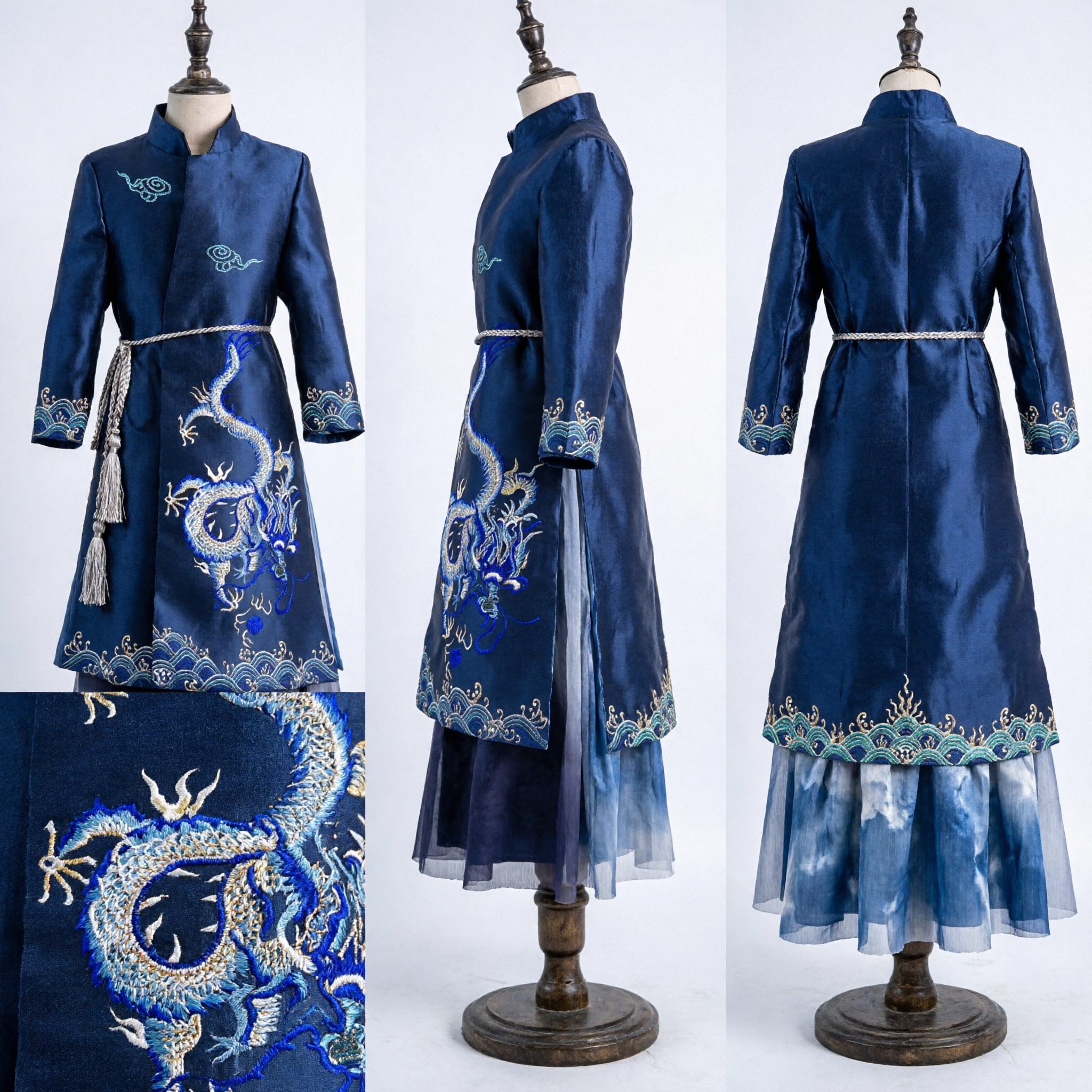 Blue Dragon Embroidered Traditional Chinese Hanfu Men's Ancient Silk Robe Costume for Wedding and Performance