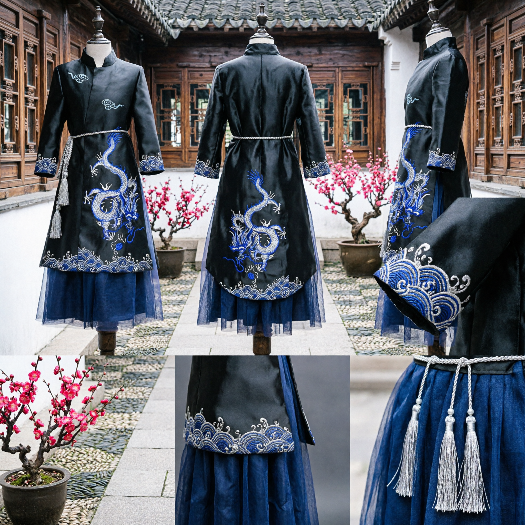 Traditional Chinese Ancient Swordsman Costume Men's Black Dragon Embroidery Robe Martial Arts Tang Suit Hanfu