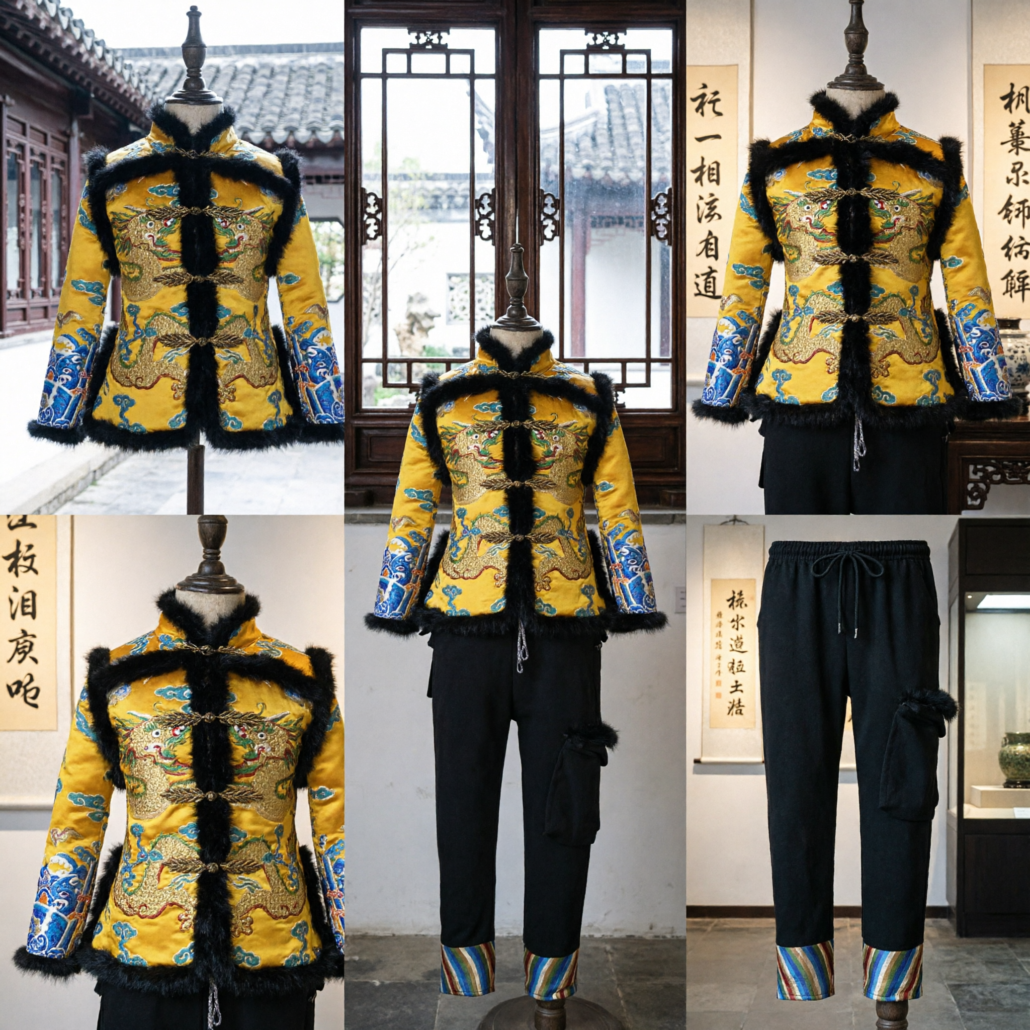Men's Traditional Chinese Yellow Dragon Embroidered Tang Suit with Fur Trim for Festivals and Performances