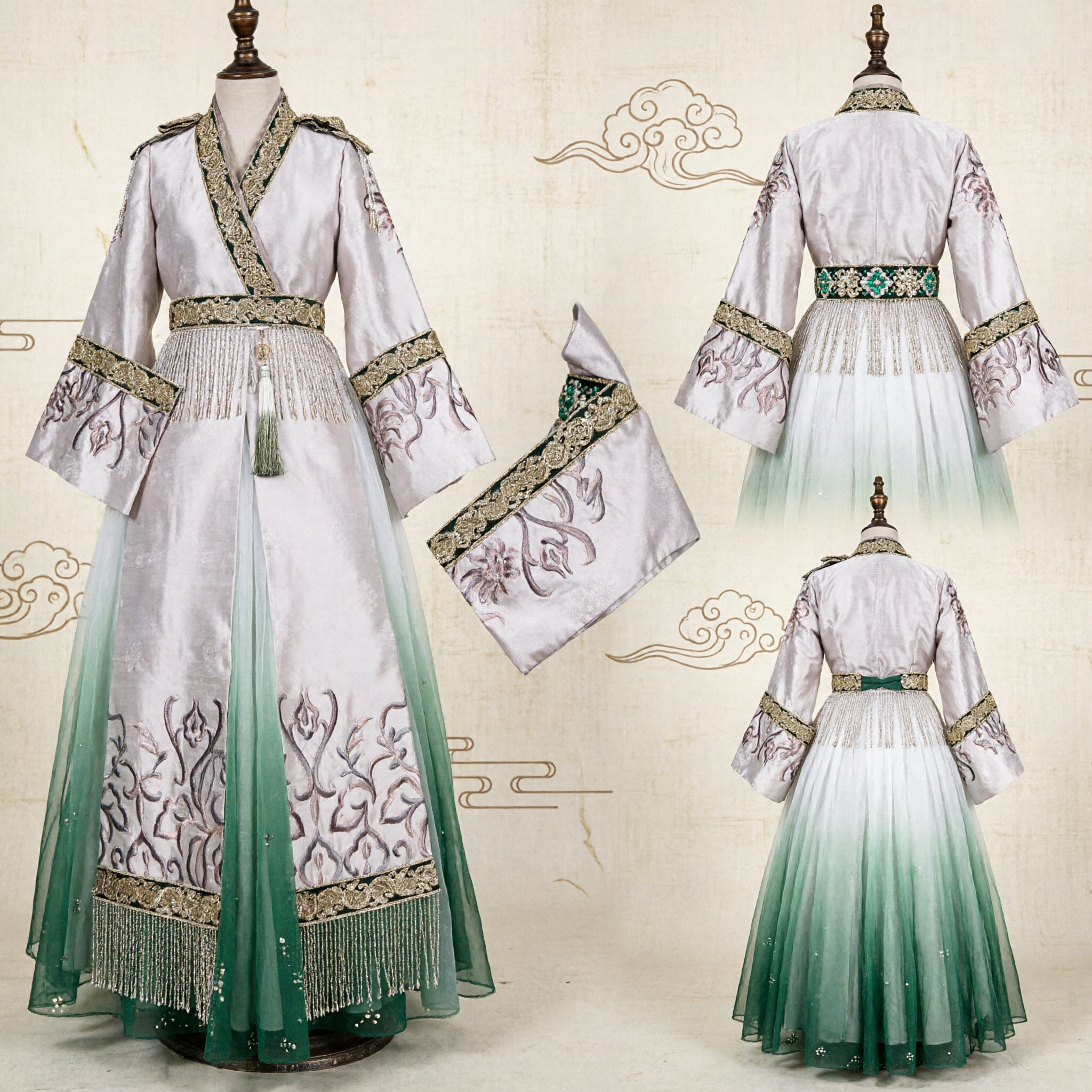 Traditional Chinese Hanfu Ancient Costume White and Green Gradient Robe with Embroidery for Cosplay Performance