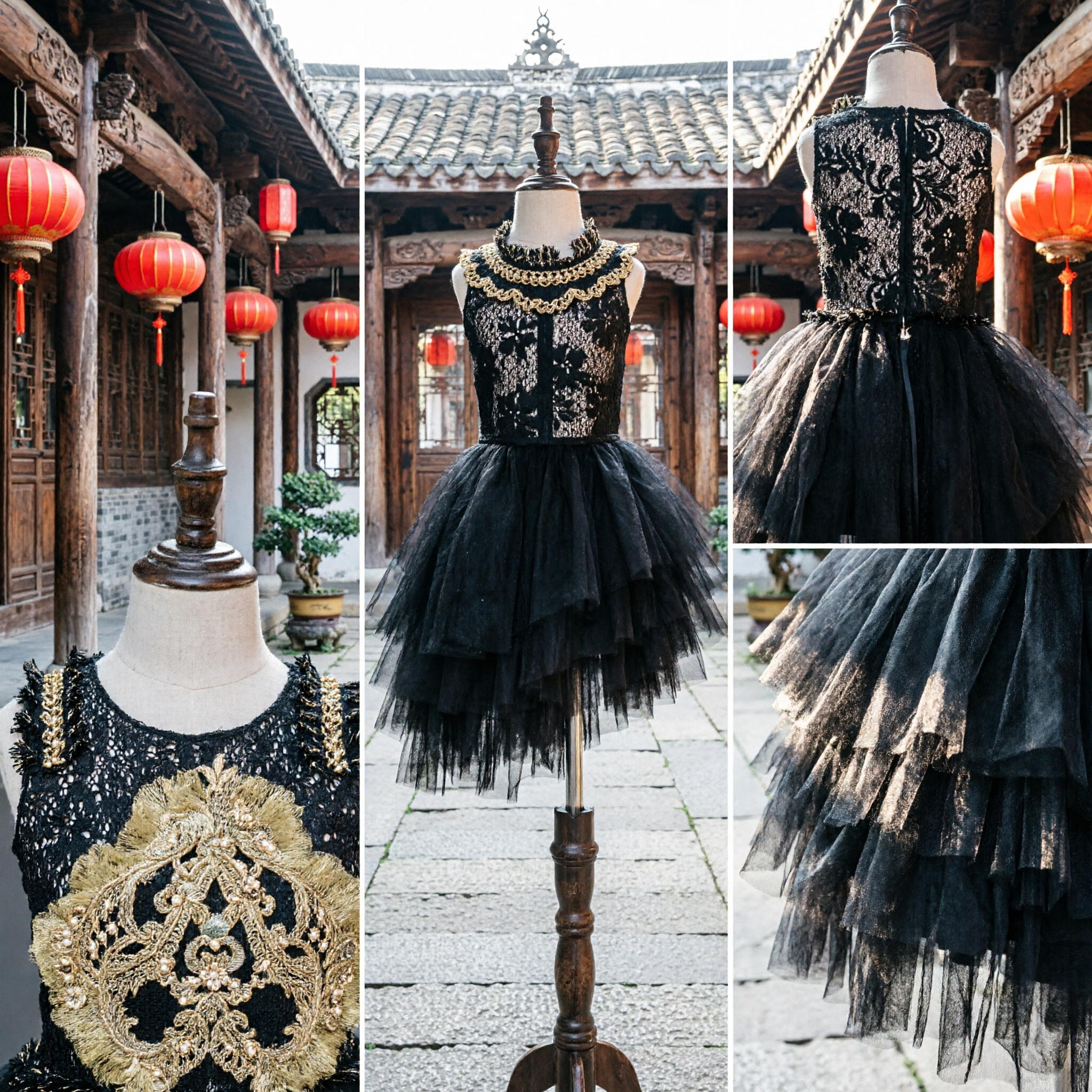 Black Sequin Embroidered Bodice Dress for Girls with Tulle Tutu Skirt Stage Performance Costume