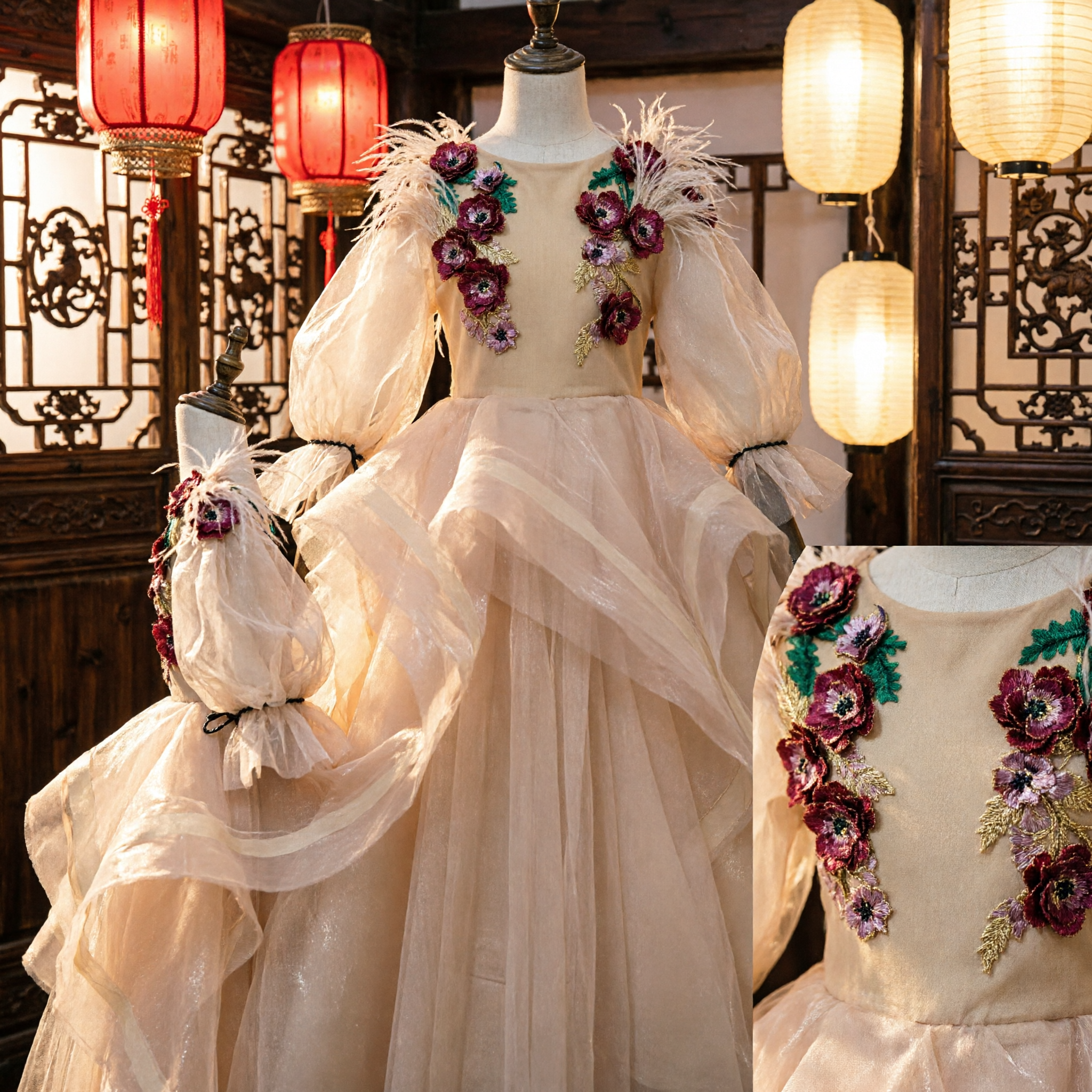 Champagne Gold Princess Dress for Girls Floral Puffy Sleeve Tulle Ball Gown Wedding Flower Girl Pageant Costume