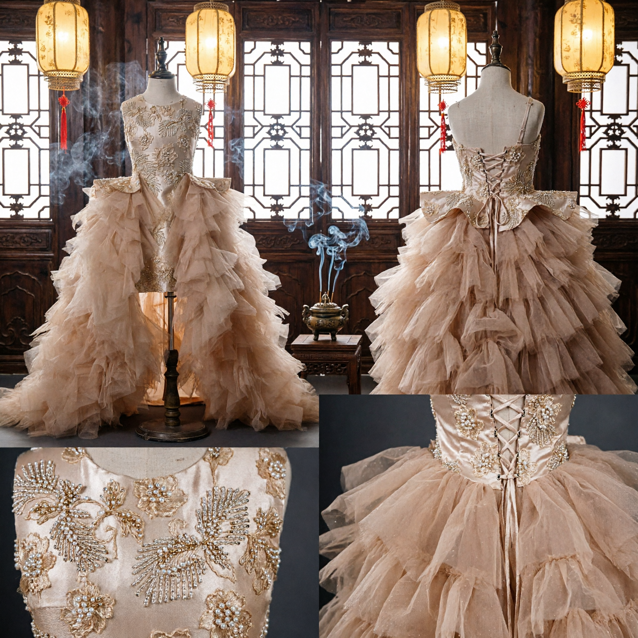 Champagne Gold Flower Girl Dress Sleeveless Embroidered Bodice Tulle Ruffle Skirt Pageant Wedding Gown