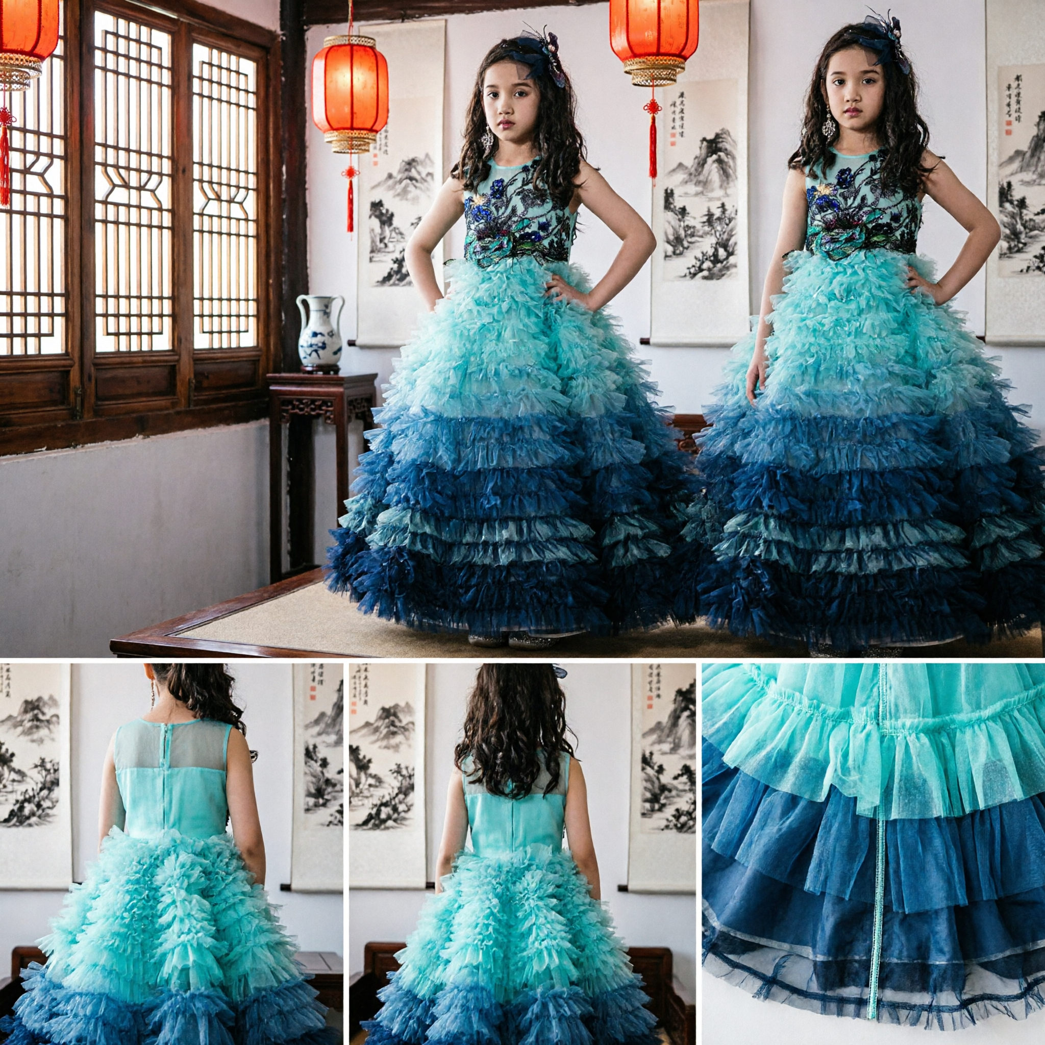 Girls Blue Ombre Floral Bodice Tiered Ruffle Tulle Ball Gown Pageant Prom Evening Dress