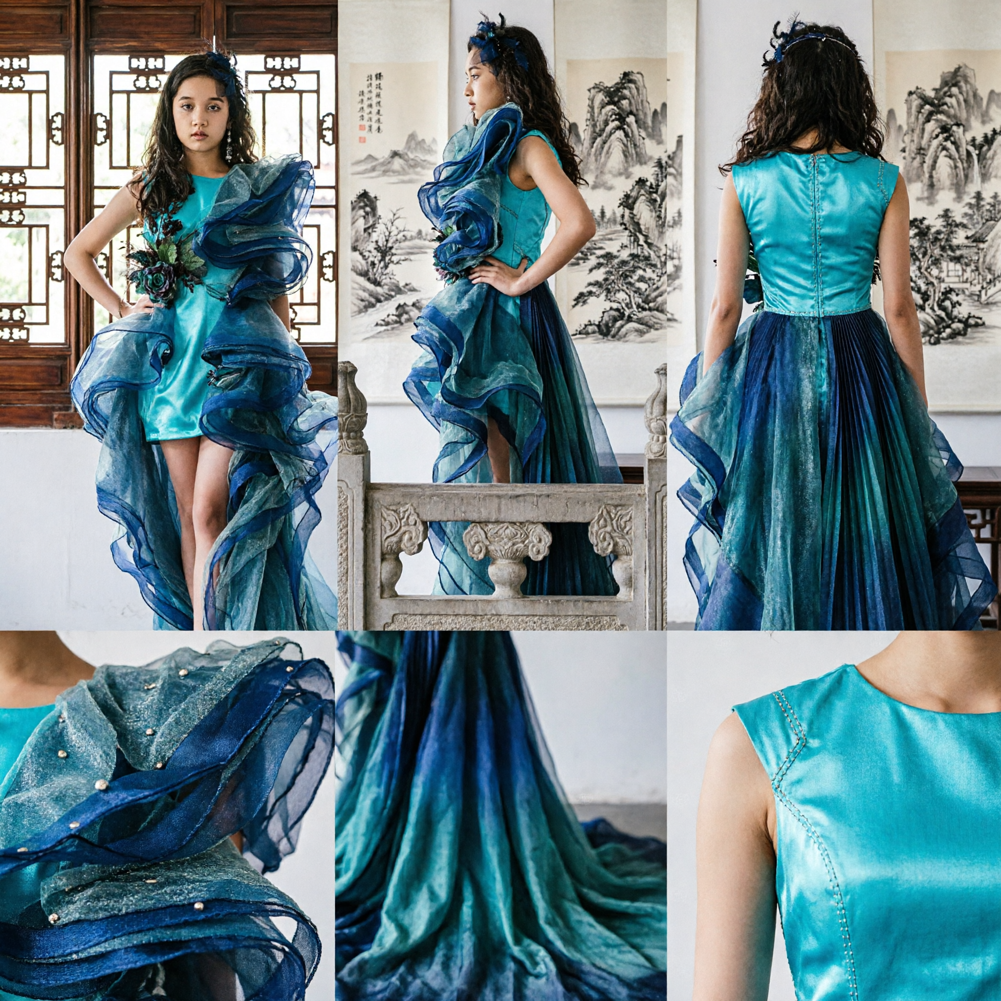Elegant Blue Ruffle Organza Evening Gown for Kids High Fashion Stage Performance Dress with Floral Appliques