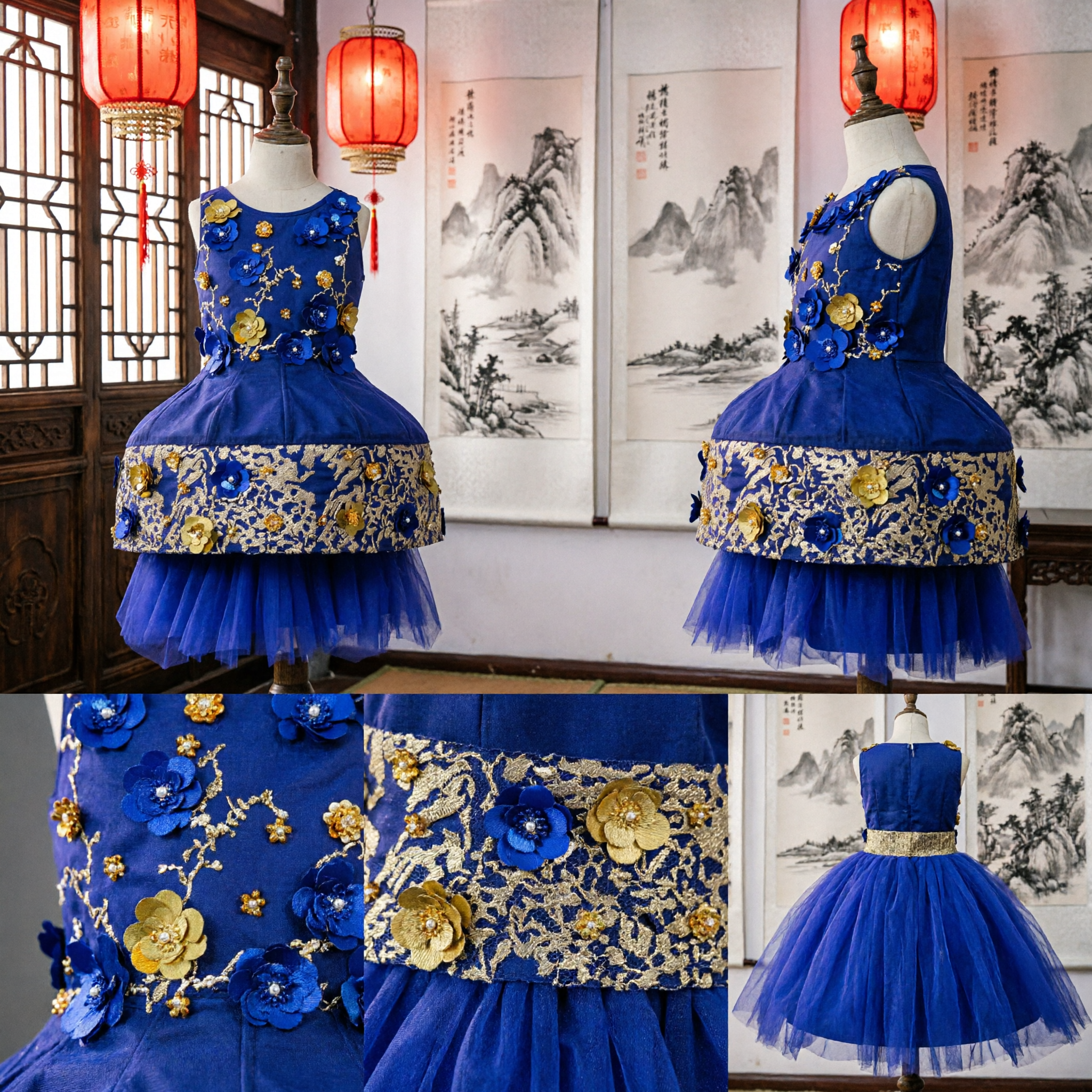 Girls Royal Blue Floral Applique Dress Traditional Chinese Style Cheongsam Costume for Wedding Party Performance