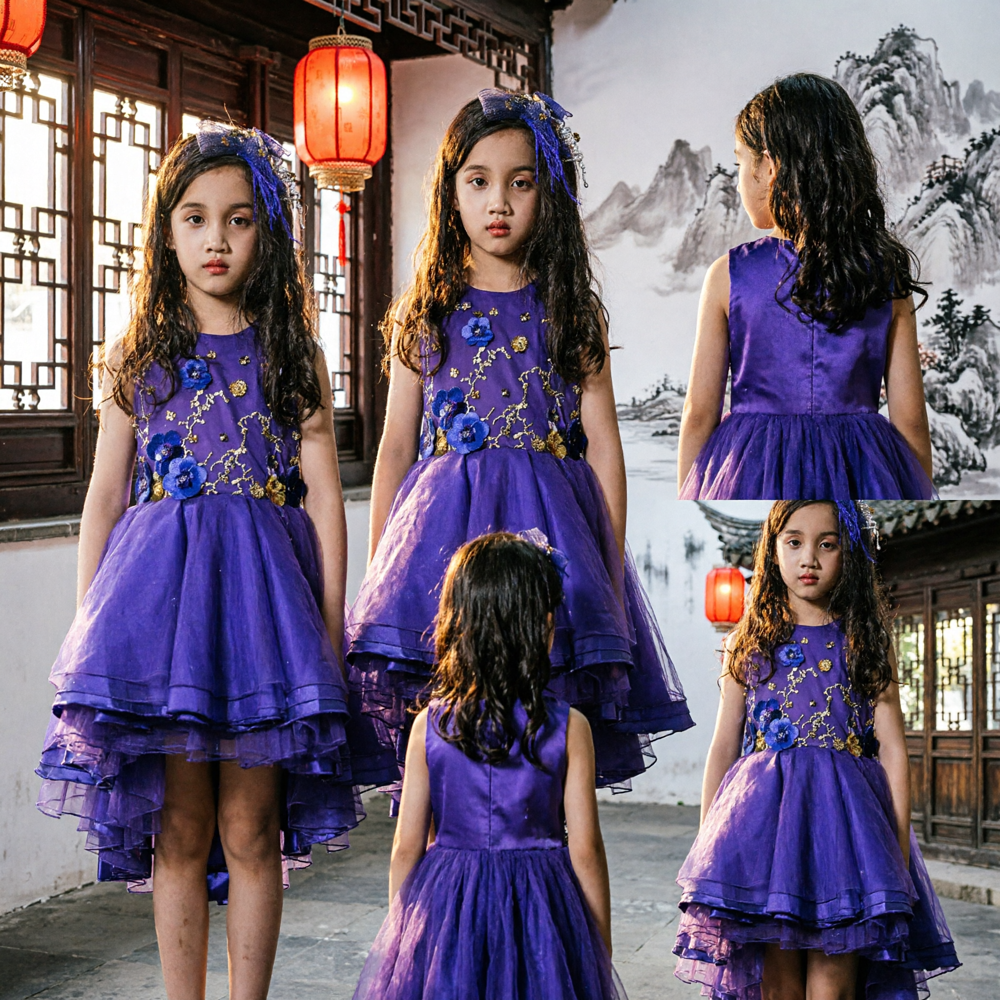 Royal Blue Sleeveless Floral Embroidered Kids Dress Girls Pageant Gown Formal Party Performance Costume