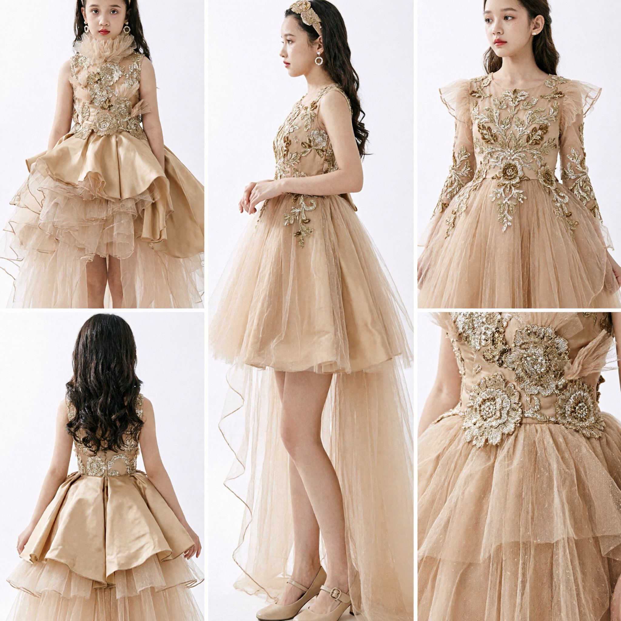 Girls Champagne Gold High-Low Formal Gown Luxury Sequin Floral Dress for Kids Flower Girl Pageant Party