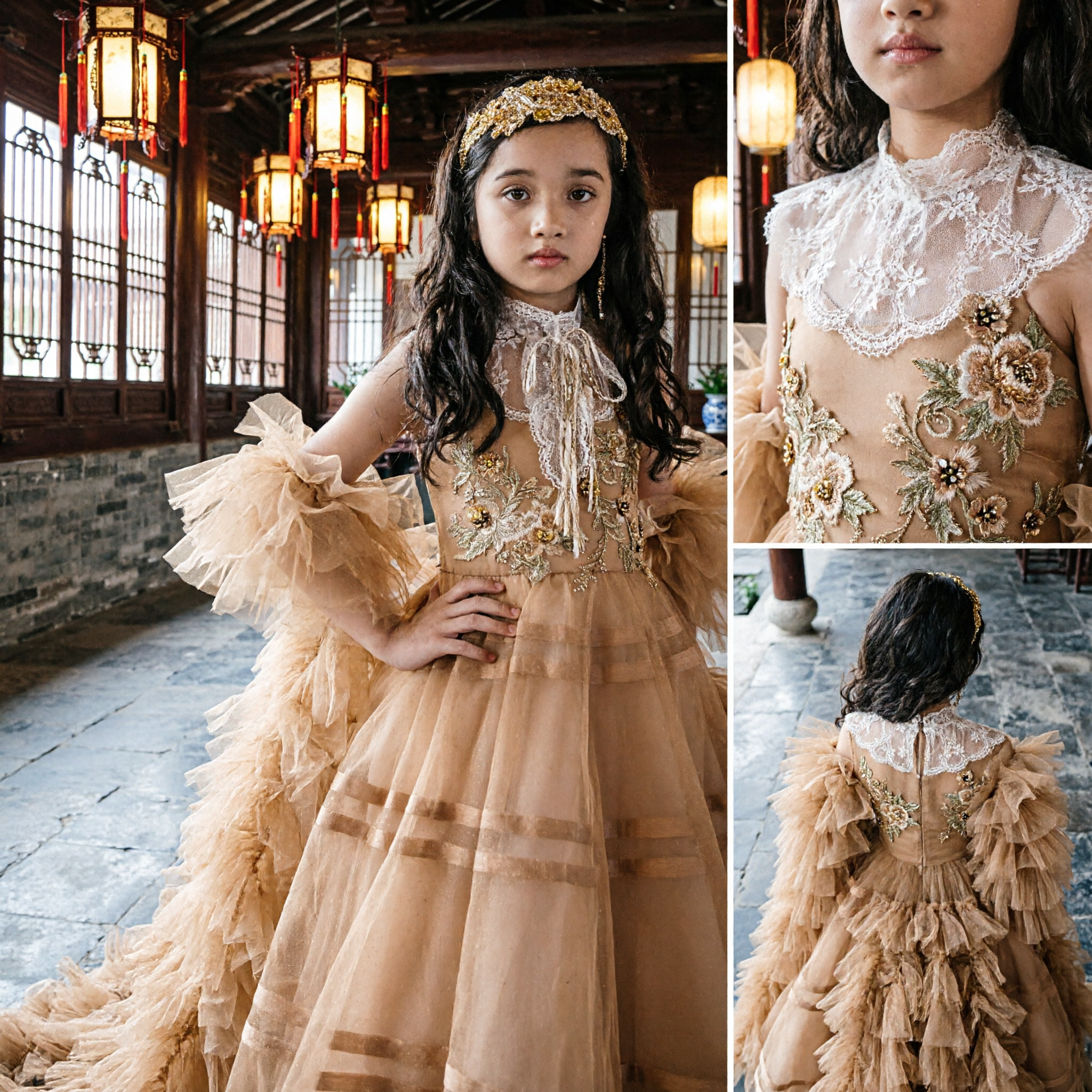 Luxurious Gold Ruffled Tulle Ballgown Princess Dress for Girls Formal Wedding Pageant Flower Girl