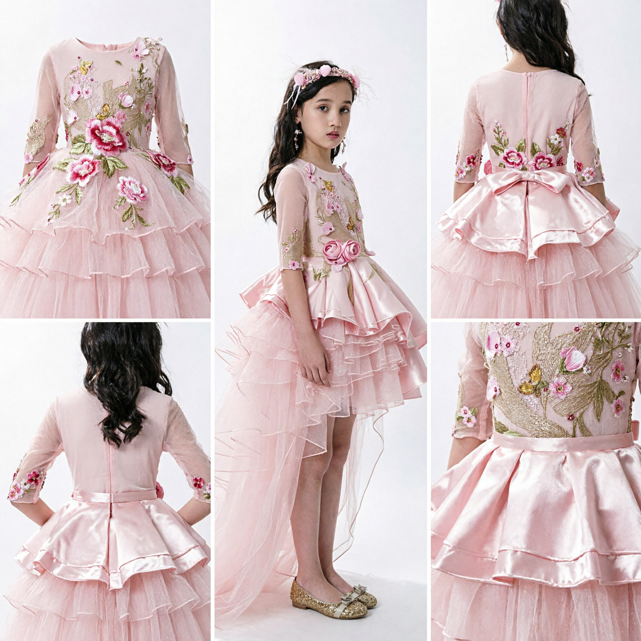 Kids Pink Floral Embroidery High-Low Tulle Dress for Flower Girl Pageant Wedding Party Formal Gown