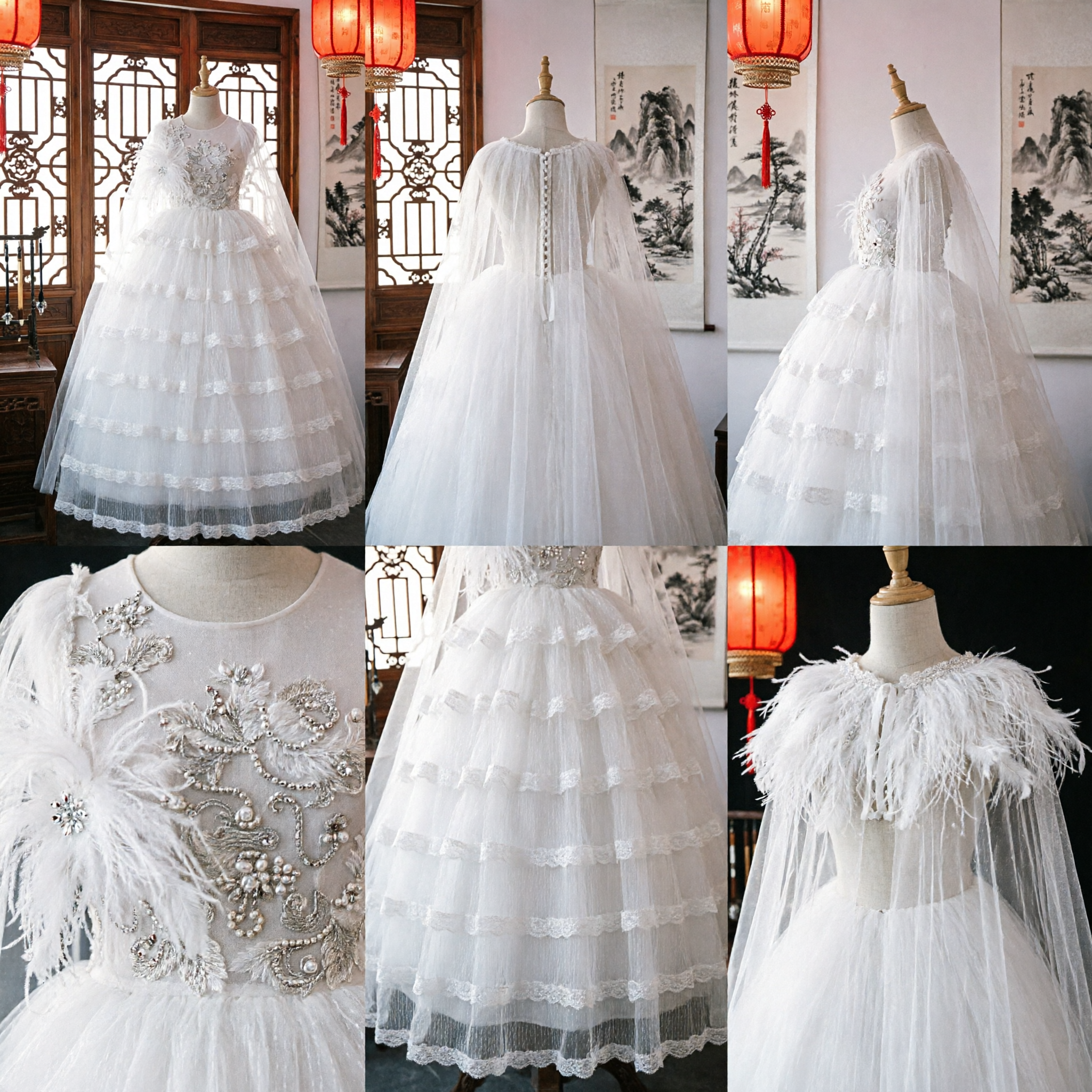 Elegant White First Holy Communion Dress for Girls with Sequin Bodice Feather Detail and Tulle Cape Gown