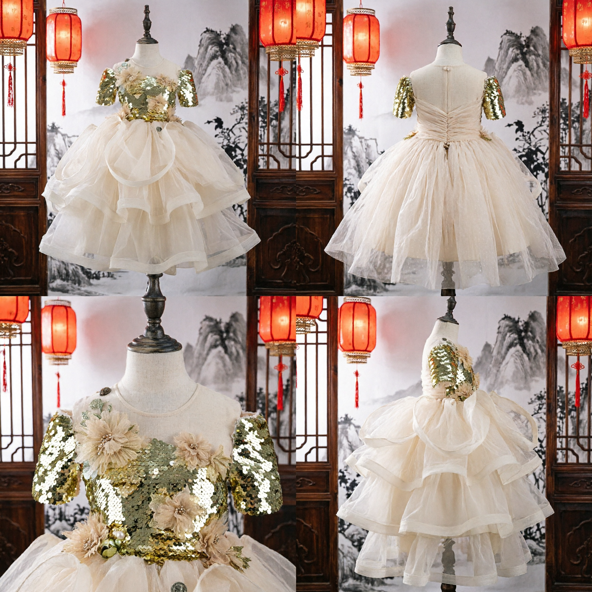 Elegant Gold Sequin Flower Girl Dress with 3D Floral Applique and Layered Tulle Ball Gown for Pageants