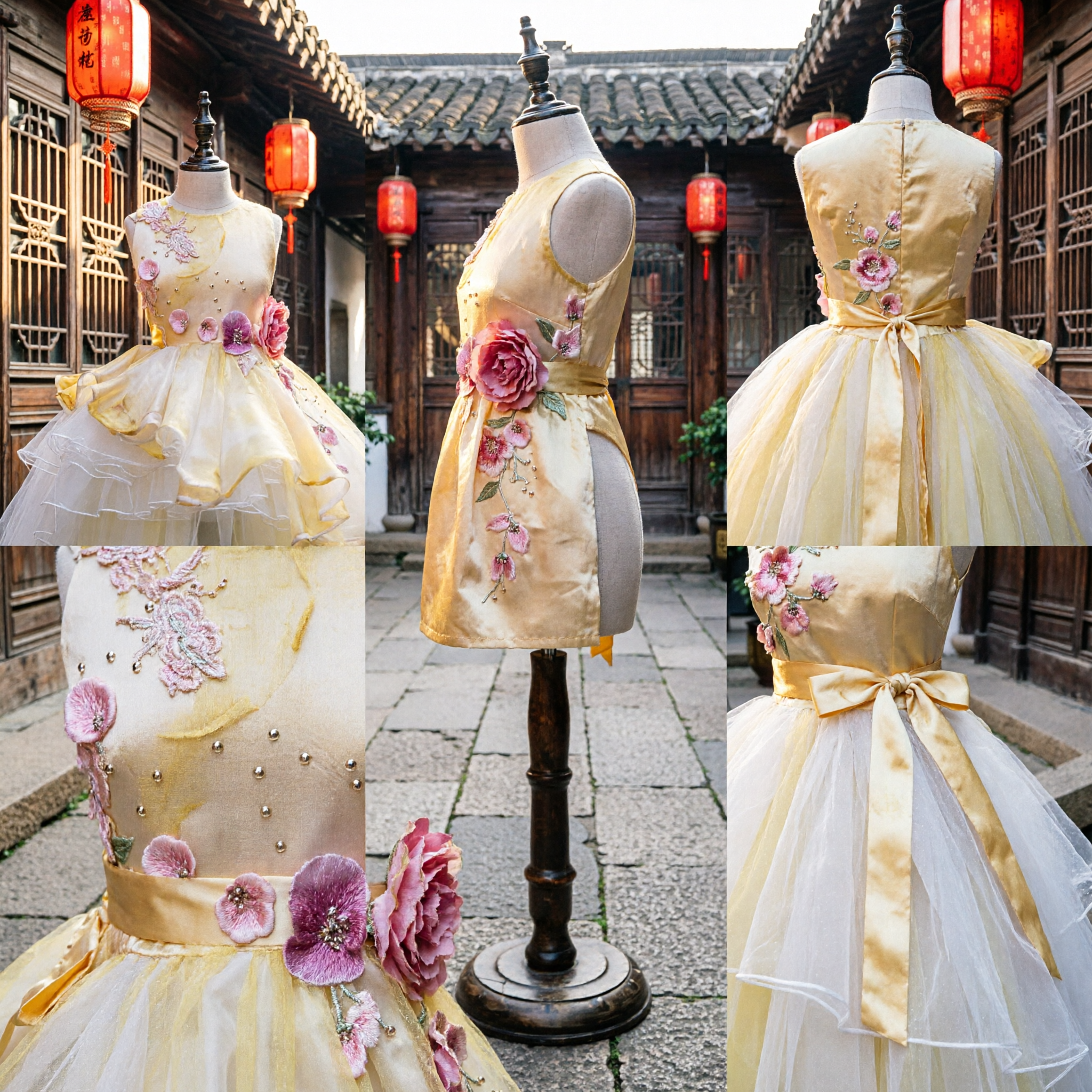 Elegant Yellow Floral High-Low Tulle Dress Girls Kids Wedding Party Formal Gown Stage Costume