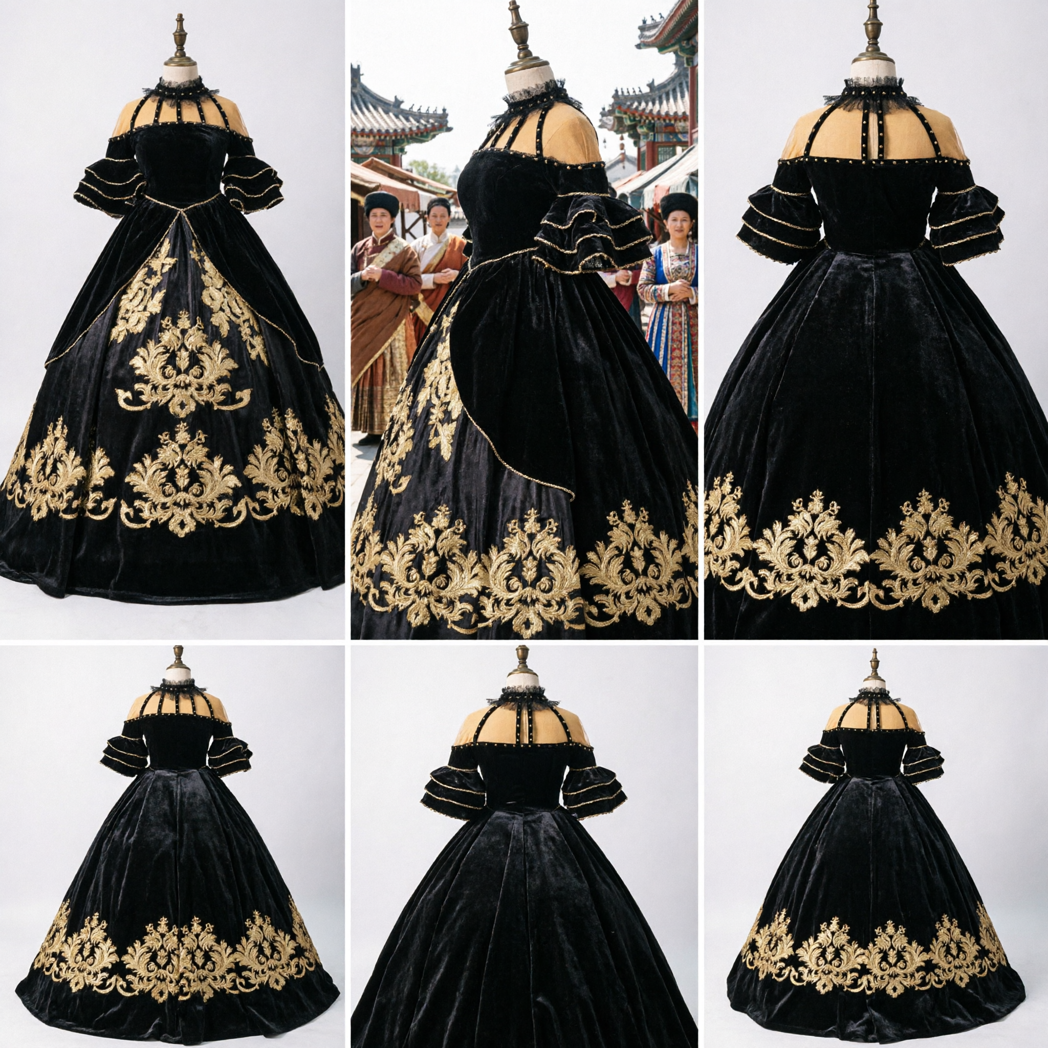 Women's Black Velvet Victorian Gothic Ball Gown Gold Embroidery Off-Shoulder Renaissance Dress for Halloween Cosplay
