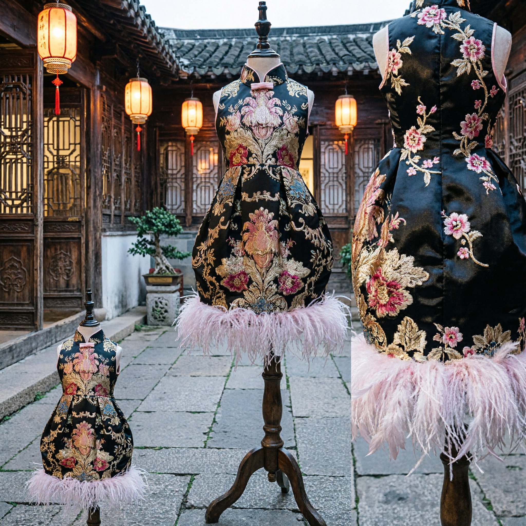 Girls Black Gold Embroidered Cheongsam Dress with Pink Feather Trim Traditional Chinese Qipao Costume