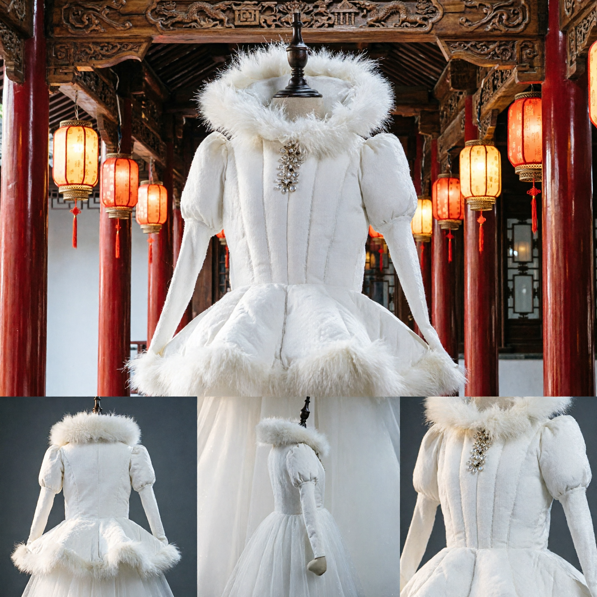 White Snow Queen Costume Victorian Winter Princess Dress with Fur Trim for Cosplay Halloween Stage Performance