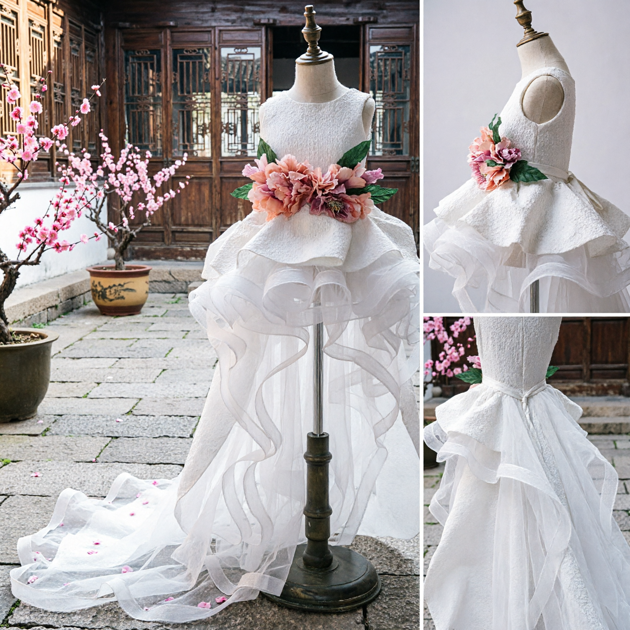 White Ruffled Flamenco Style Dress for Girls with Floral Sash for Stage Dance Performance