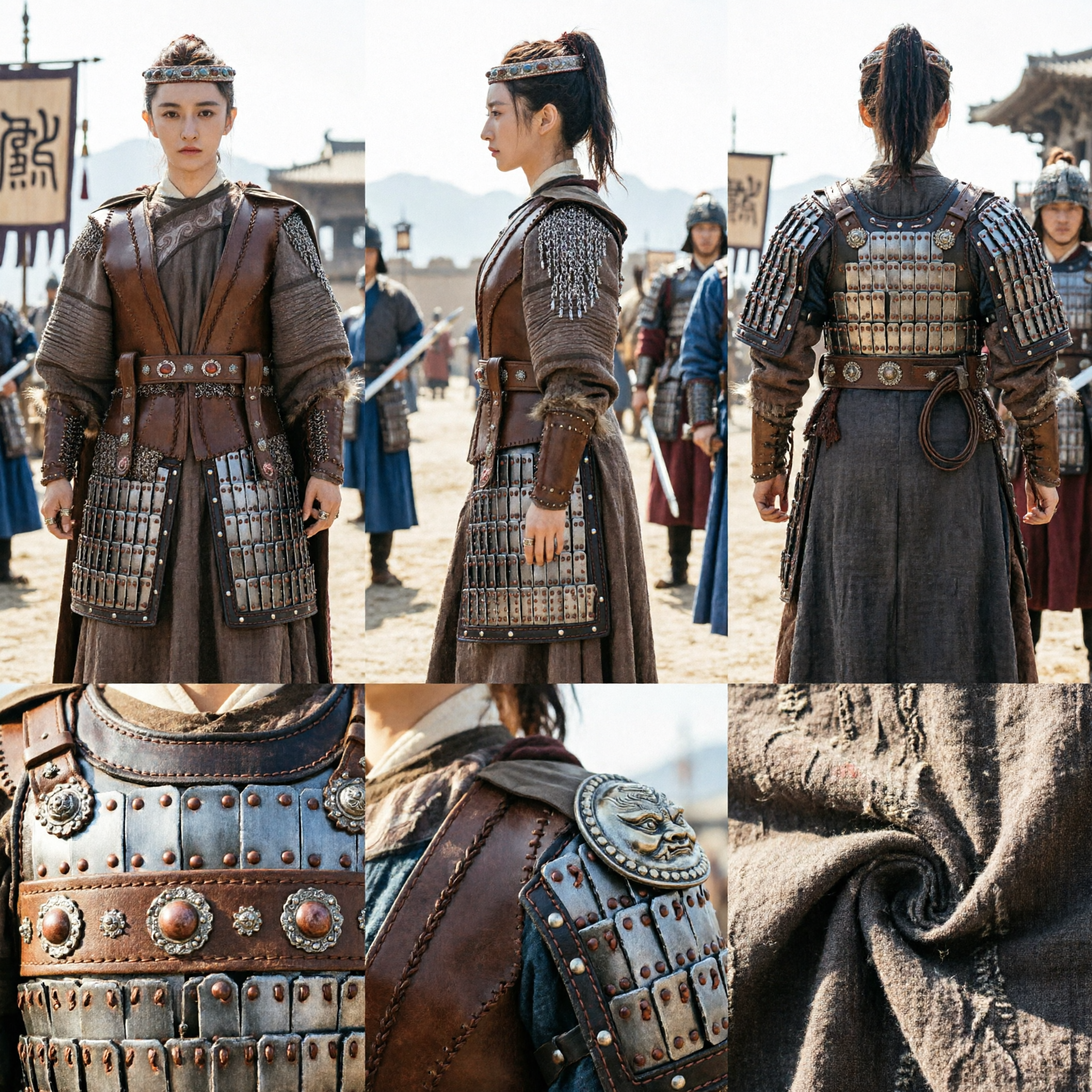 Ancient Chinese Female Warrior Costume Brown Leather Armor Chainmail Hanfu Cosplay Outfit for Women