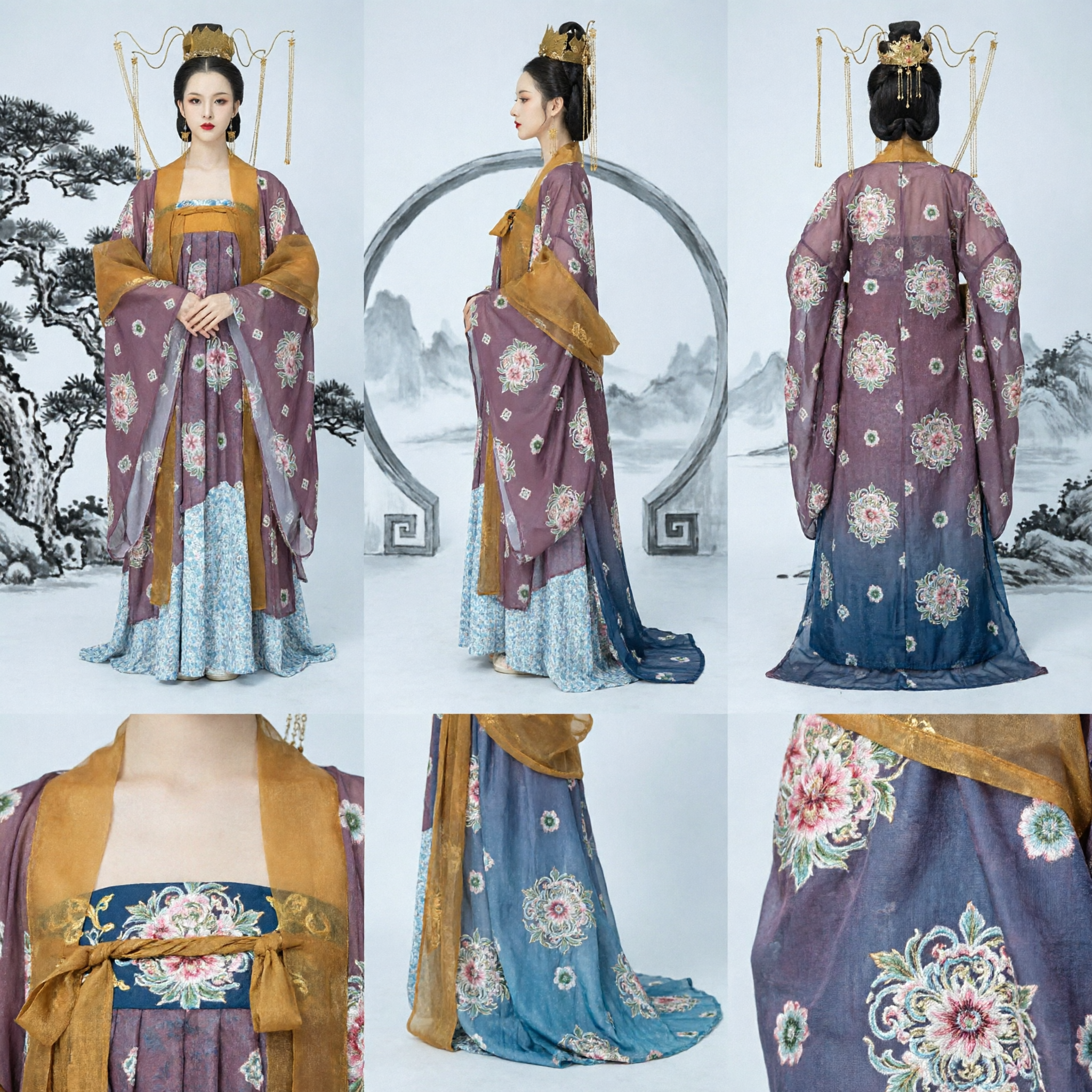 Elegant Chinese Tang Dynasty Hanfu Qixiong Ruqun Purple Floral Dress and Golden Crown Set for Women