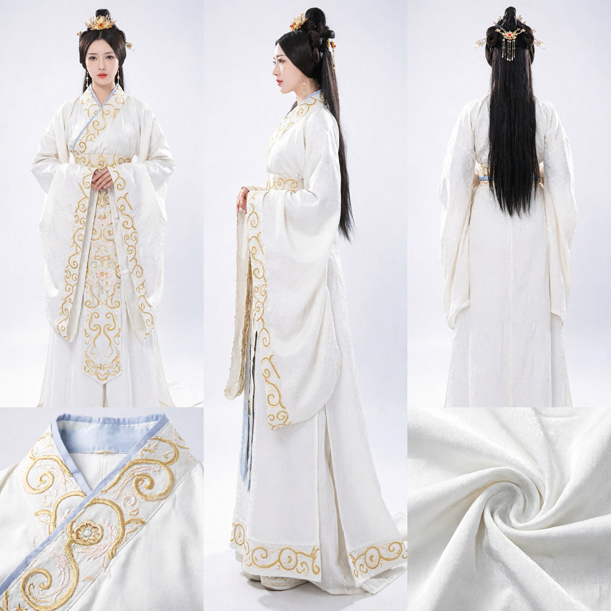 Ancient Chinese Princess Hanfu White Wide Sleeve Robe with Gold Embroidery Traditional Costume for Women