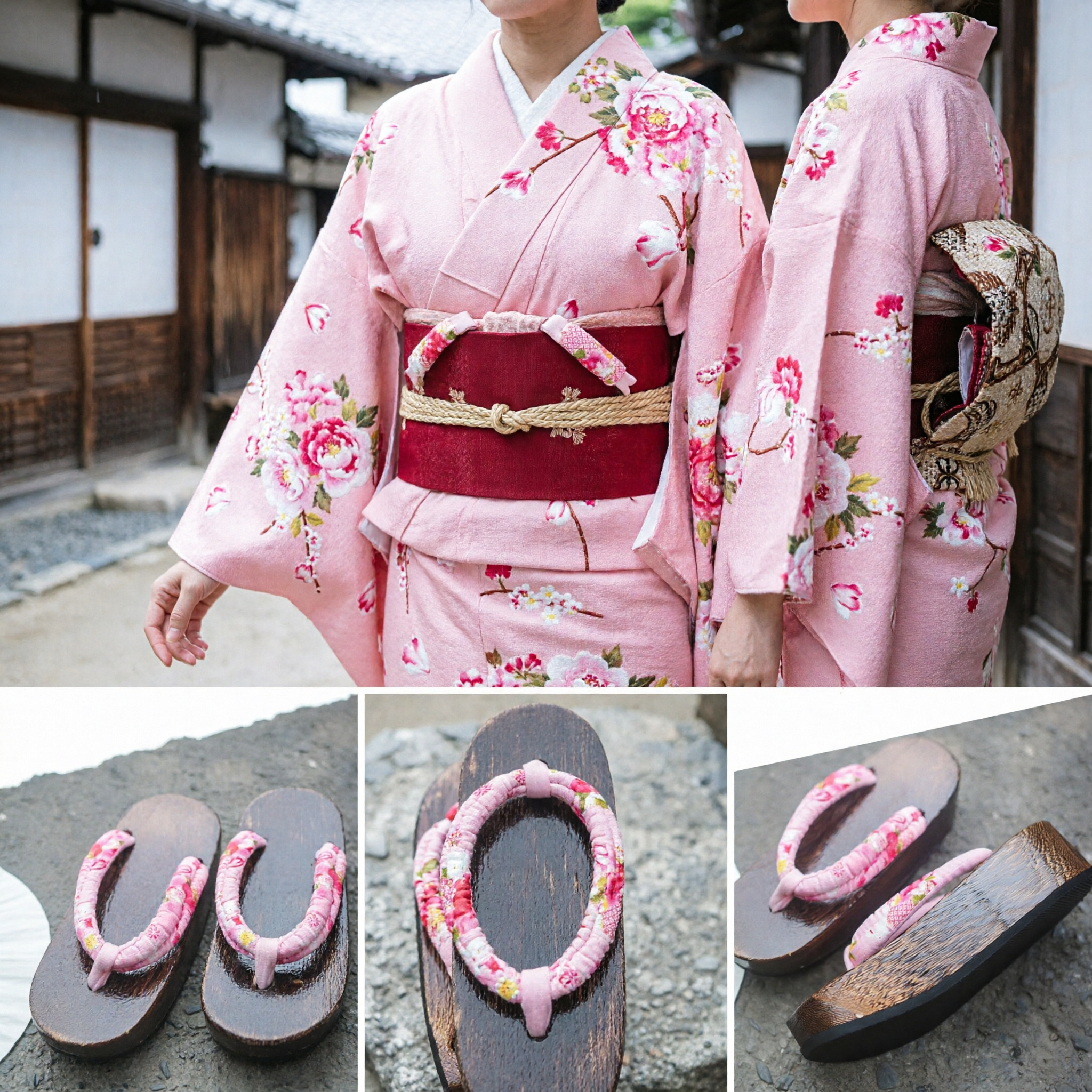 Traditional Japanese Wooden Geta Sandals Pink Floral Thong Platform Shoes for Women Kimono Yukata Festival