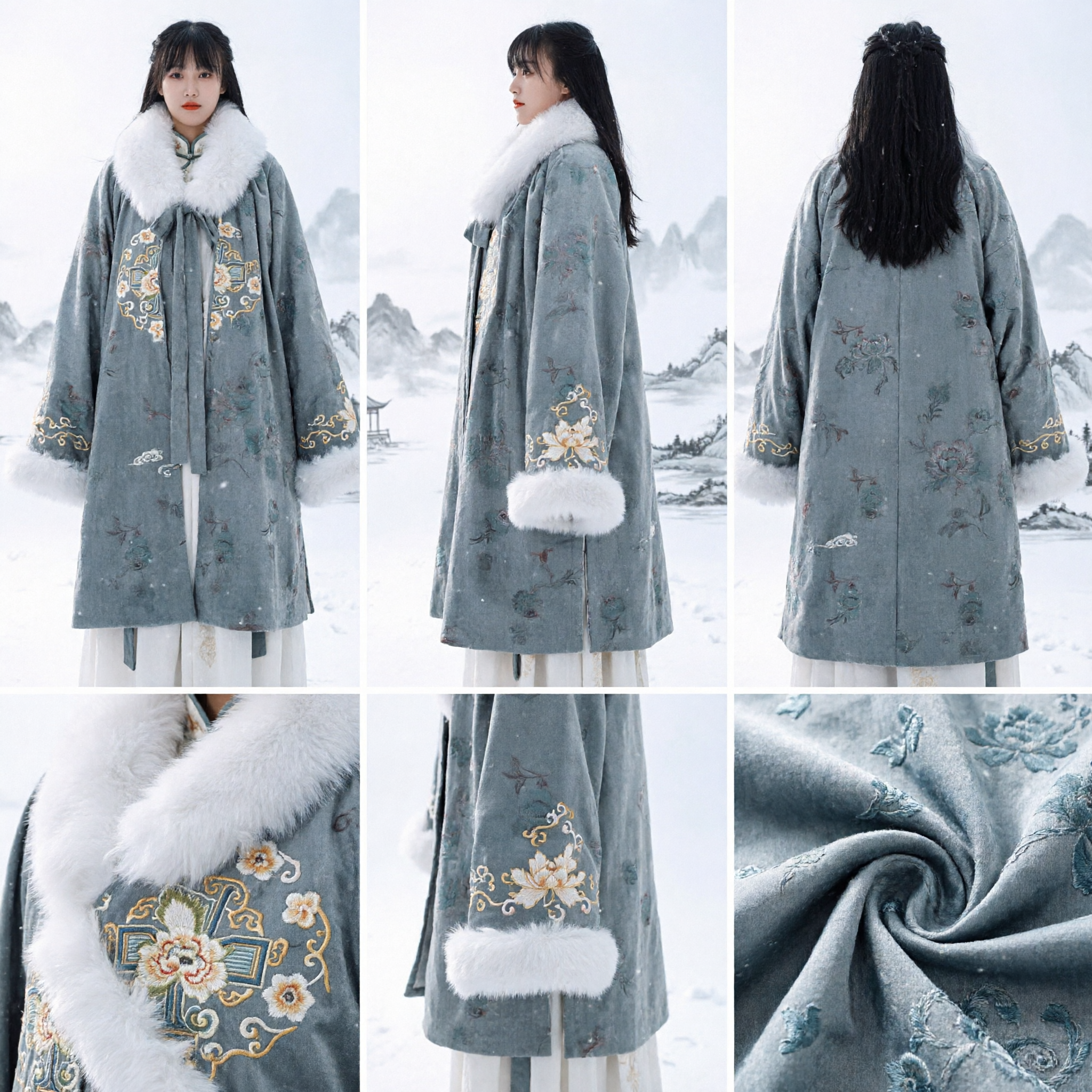 Traditional Chinese Hanfu Winter Cloak for Women Teal Floral Cape with Thick White Fur Collar Ancient Costume