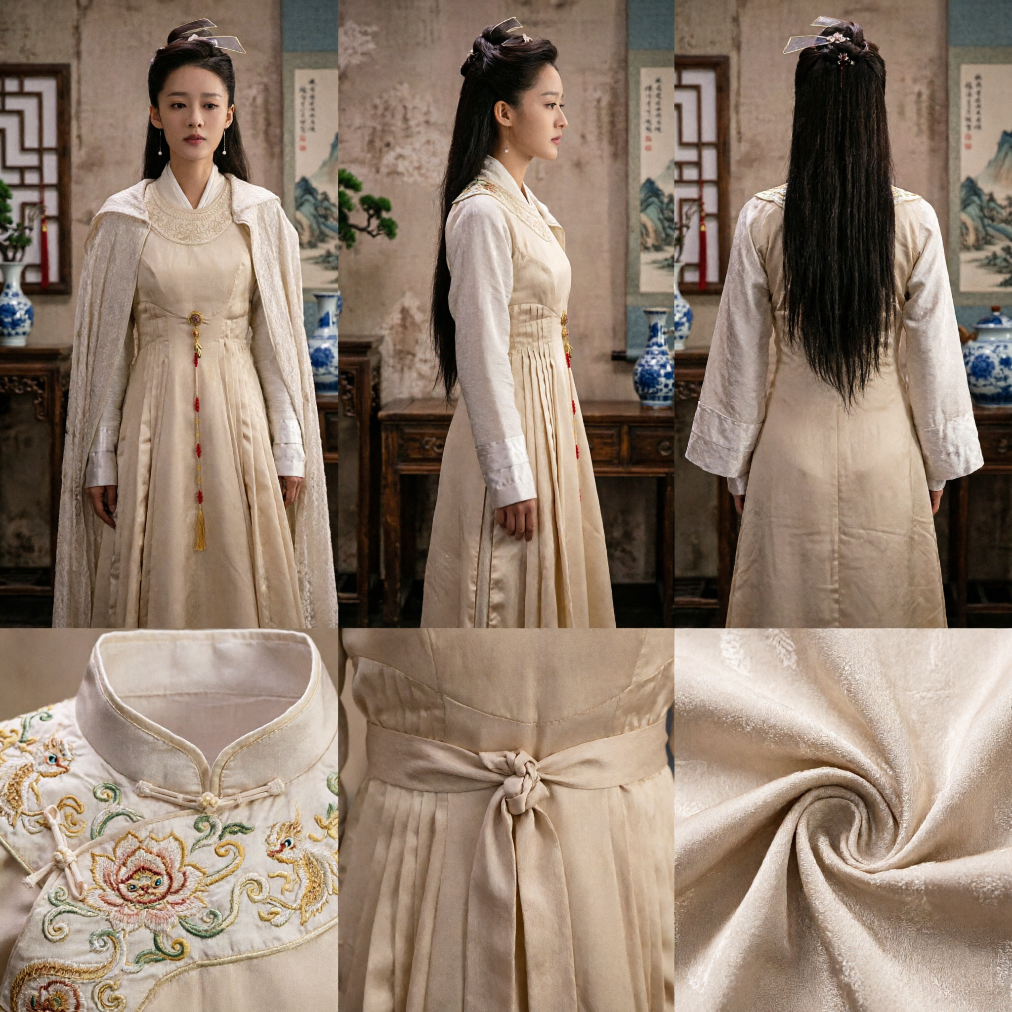 Traditional Cream Chinese Hanfu Costume Women Ancient Princess Dress Historical Drama Cosplay Outfit with Cloak