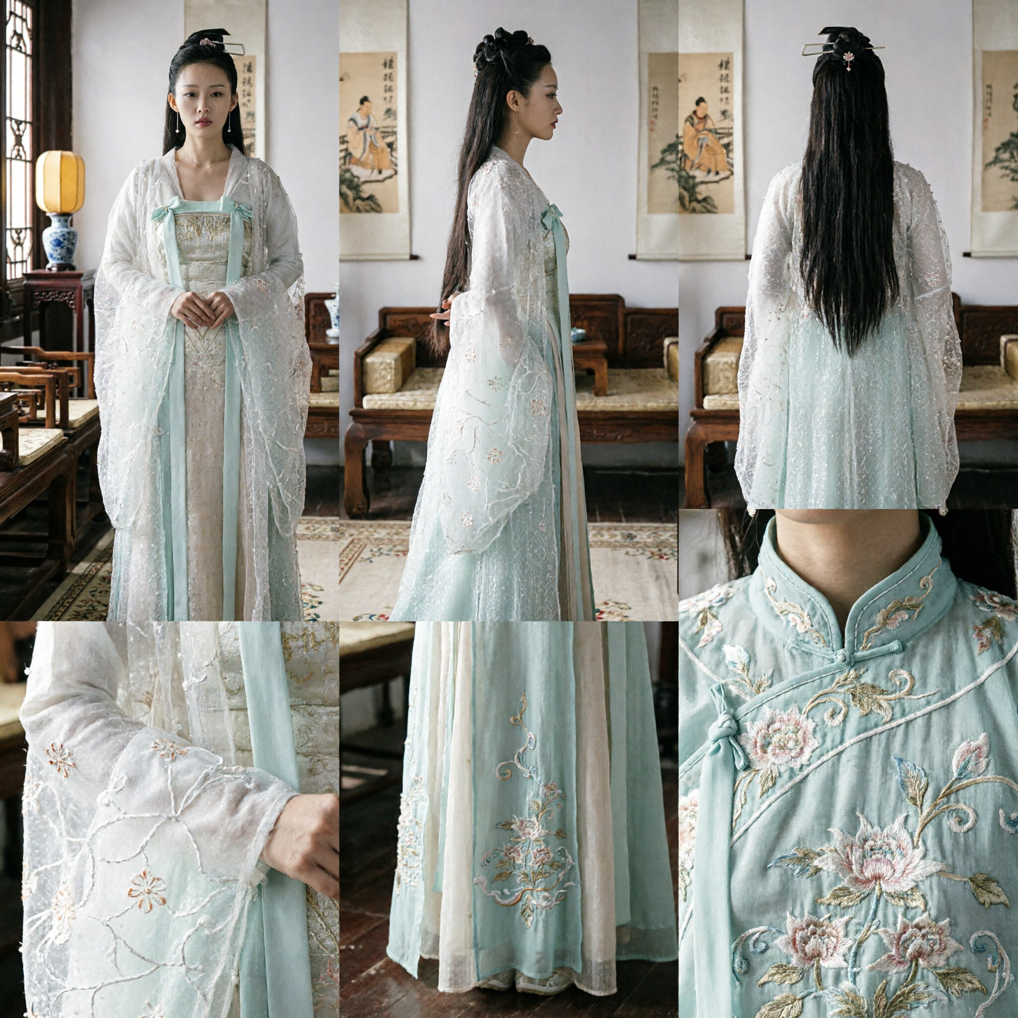 Women's Chinese Ancient Hanfu Costume Traditional Song Dynasty Style Drama Replica Elegant White Sheer Outer Robe Set