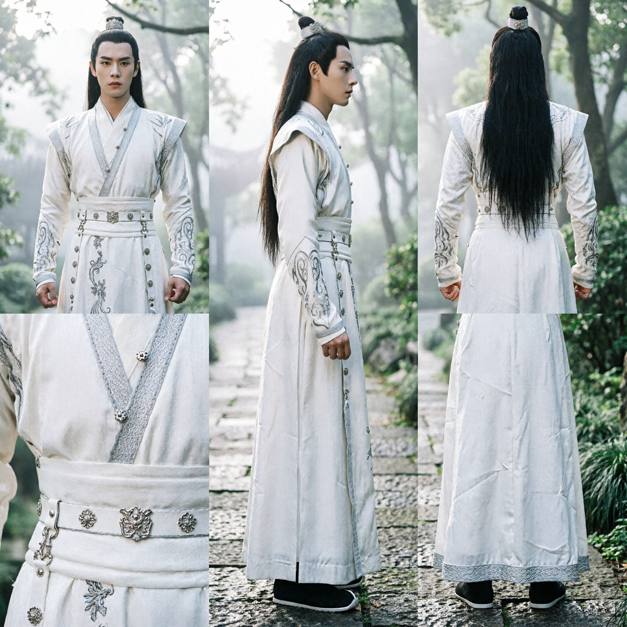 Ancient Chinese Hanfu Costume Men White Wuxia Swordsman Robe Traditional Historical Clothing for Cosplay Performance