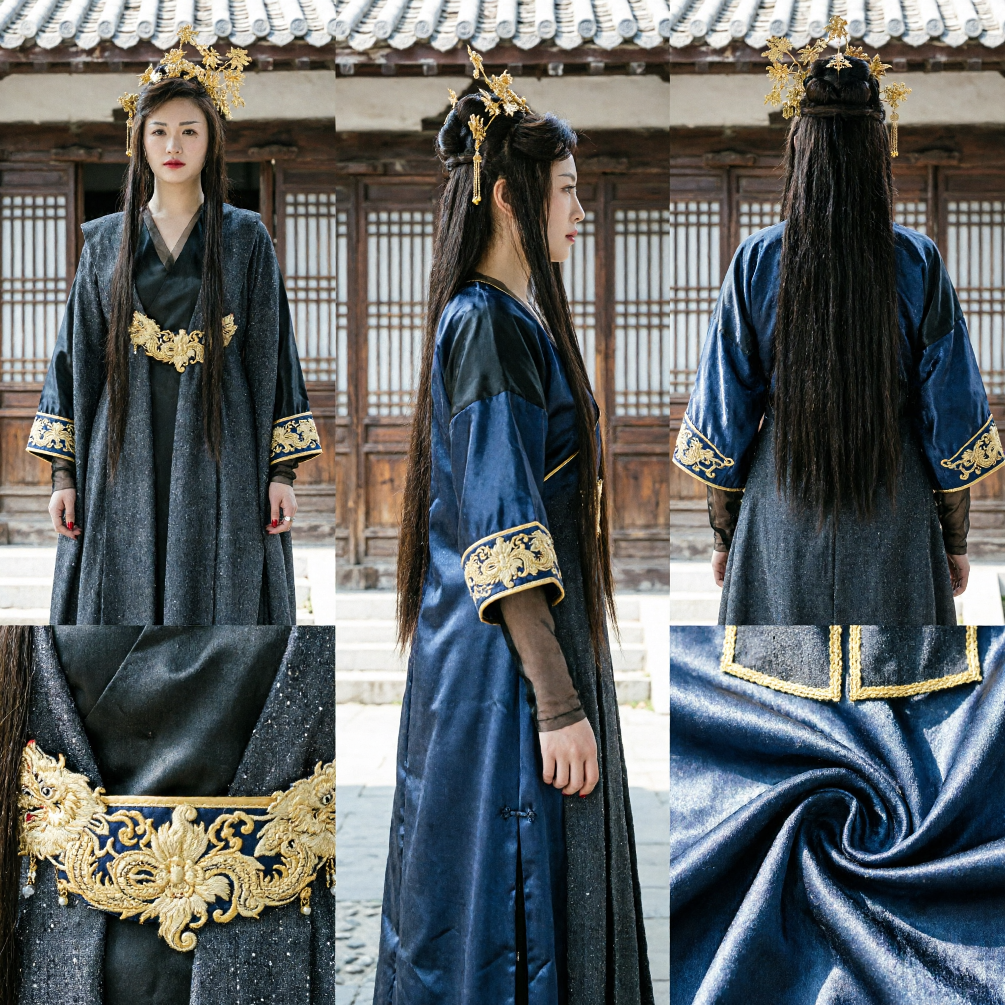 Ancient Chinese Empress Costume Dark Grey Cloak Robe Traditional Hanfu with Gold Belt for Women Cosplay