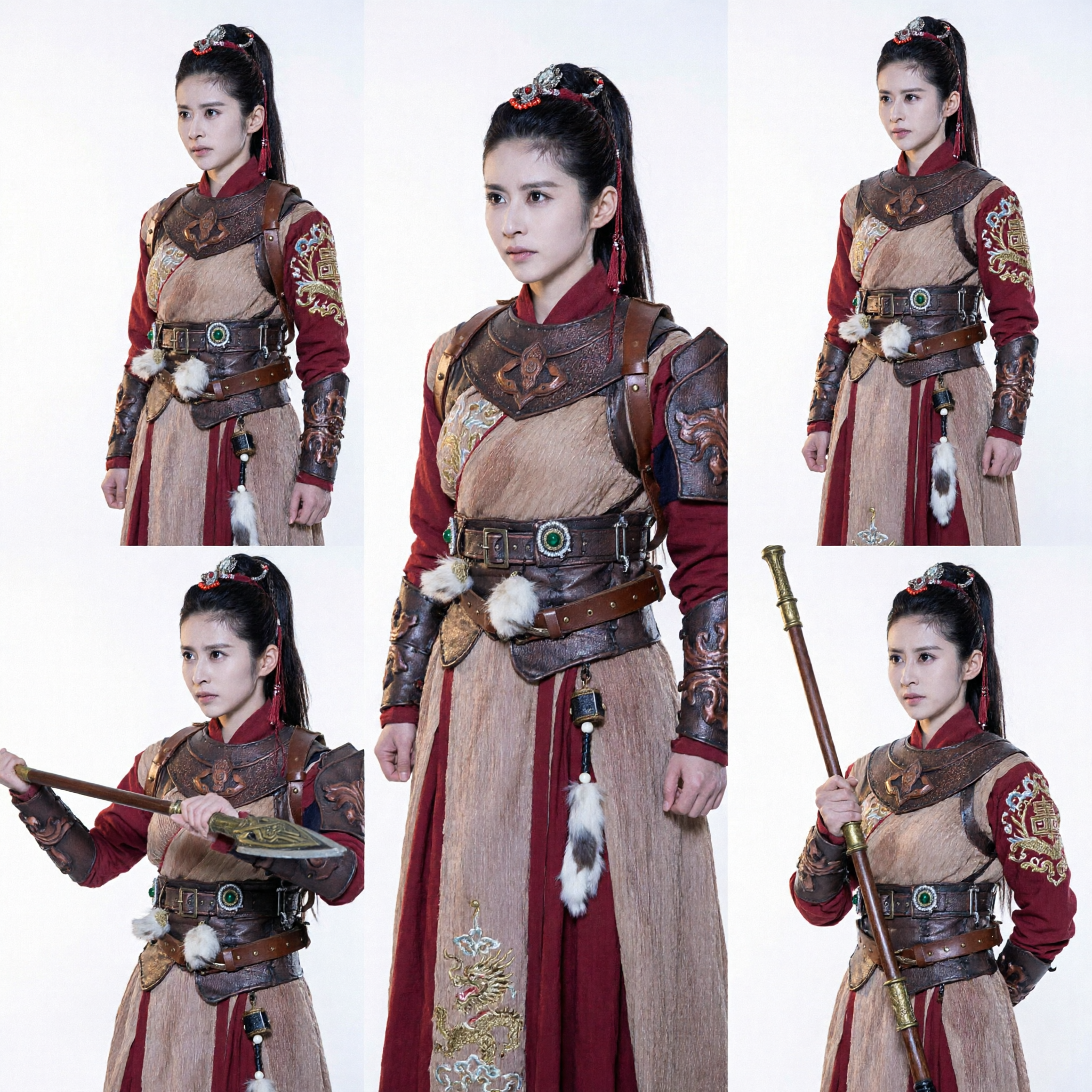 Ancient Chinese Female General Armor Costume Red Wuxia Warrior Hanfu Cosplay Outfit with Spear Prop